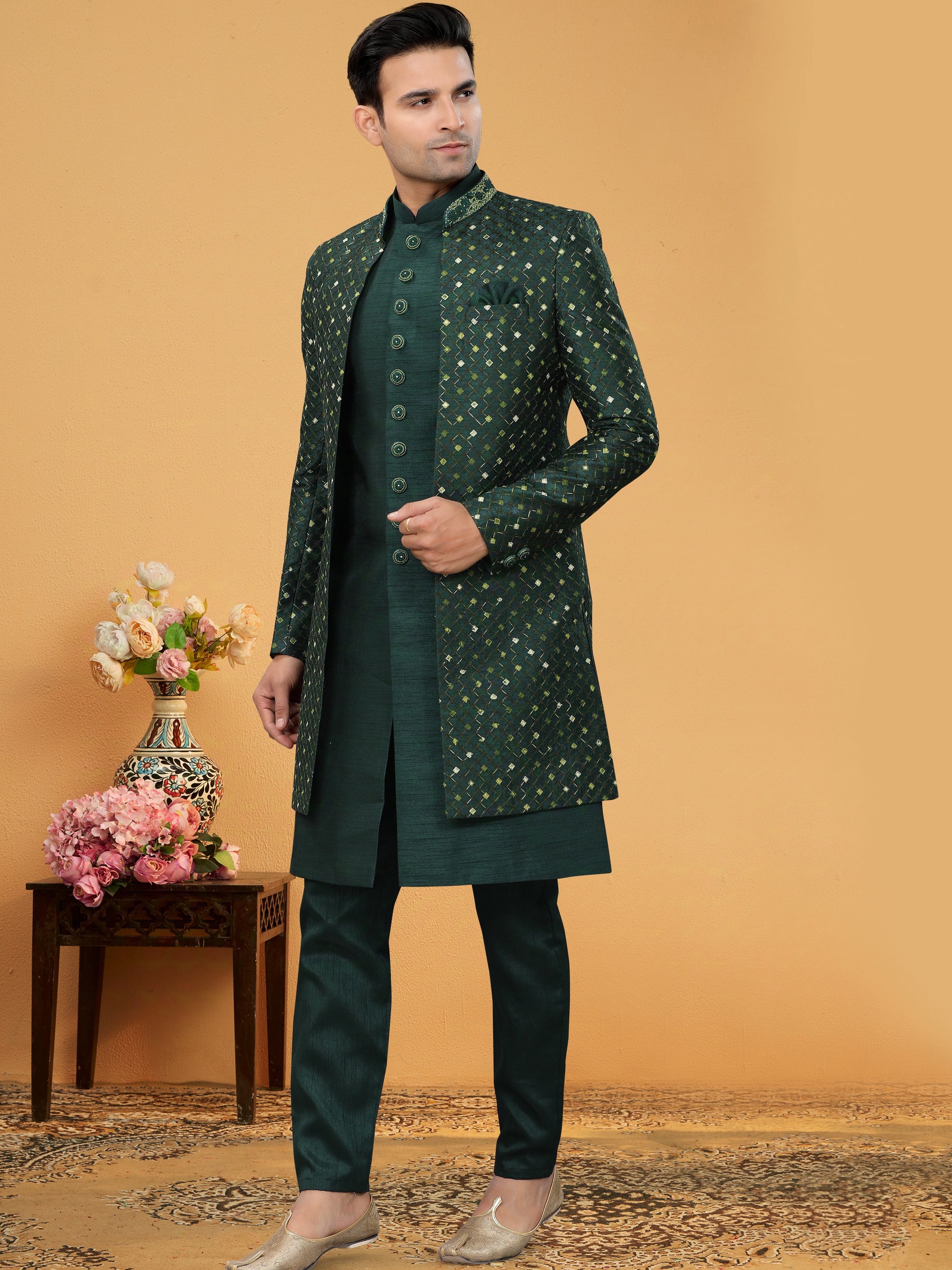 Dark Green Lucknowi Indo Western Kurta with Embroidered Jacket