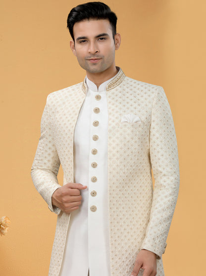 Ivory White Indo Western Kurta Set with Hand-Embroidered Jacket