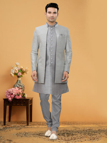 Light Grey Indo Western Kurta Set with Handcrafted Jacket