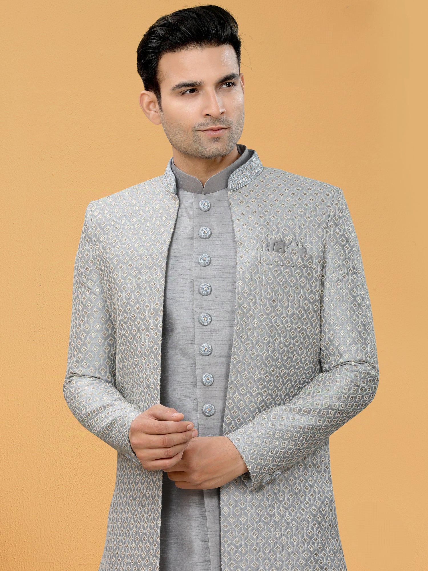 Light Grey Indo Western Kurta Set with Handcrafted Jacket