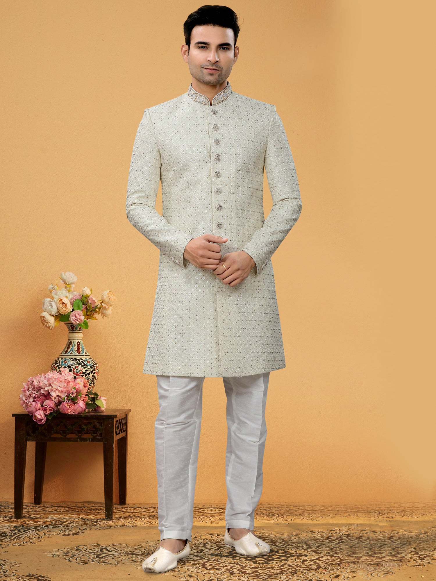 Light Green Indo Western Kurta for Men with Lucknowi Sequin &amp; Handwork