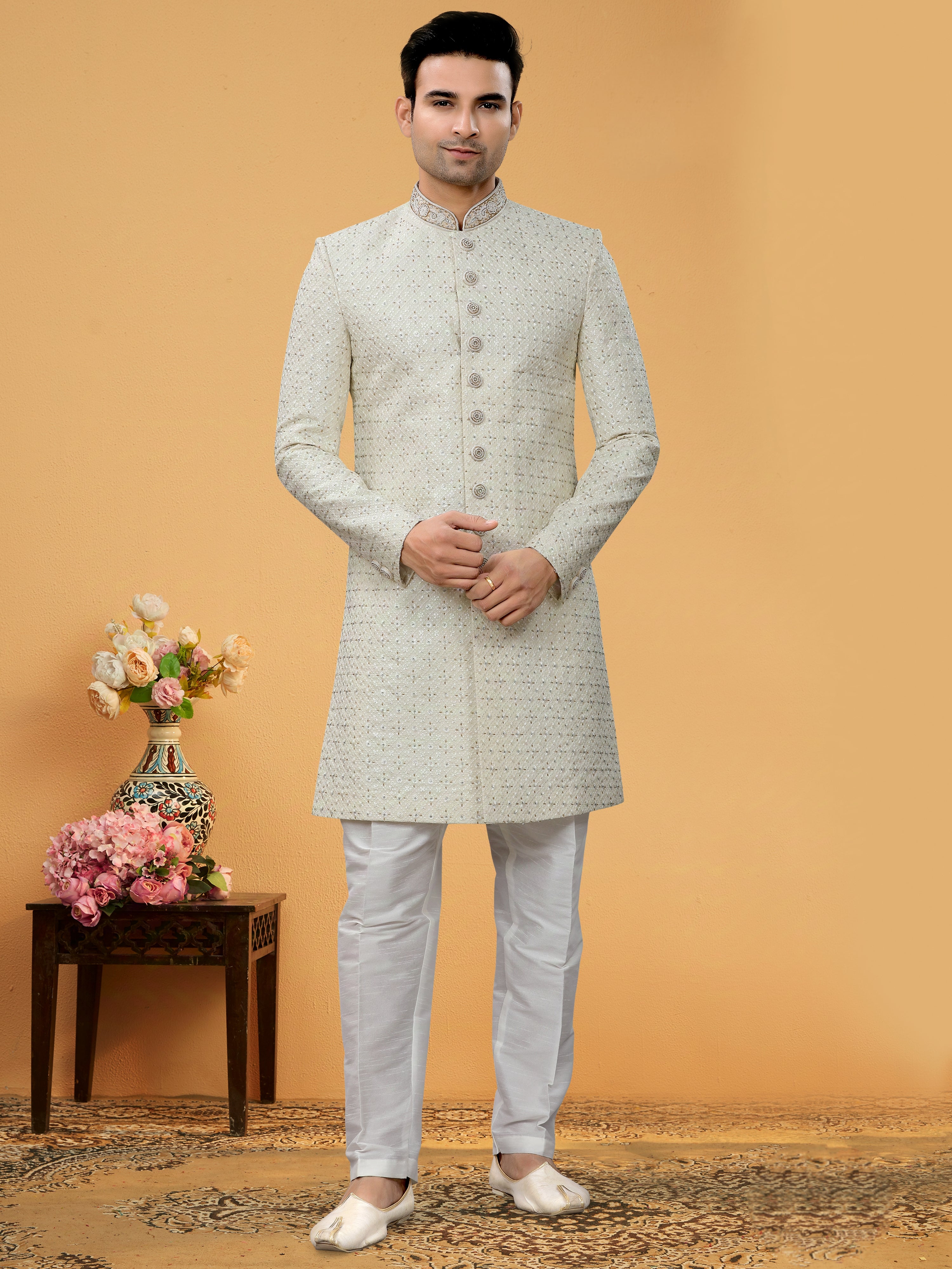 Light Green Indo Western Kurta for Men with Lucknowi Sequin &amp; Handwork