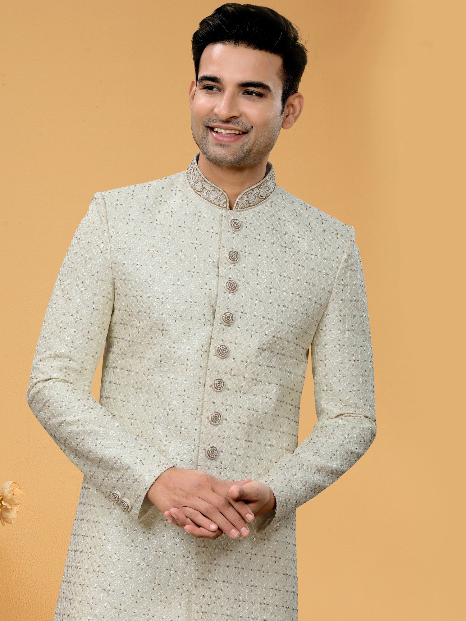 Light Green Indo Western Kurta for Men with Lucknowi Sequin &amp; Handwork