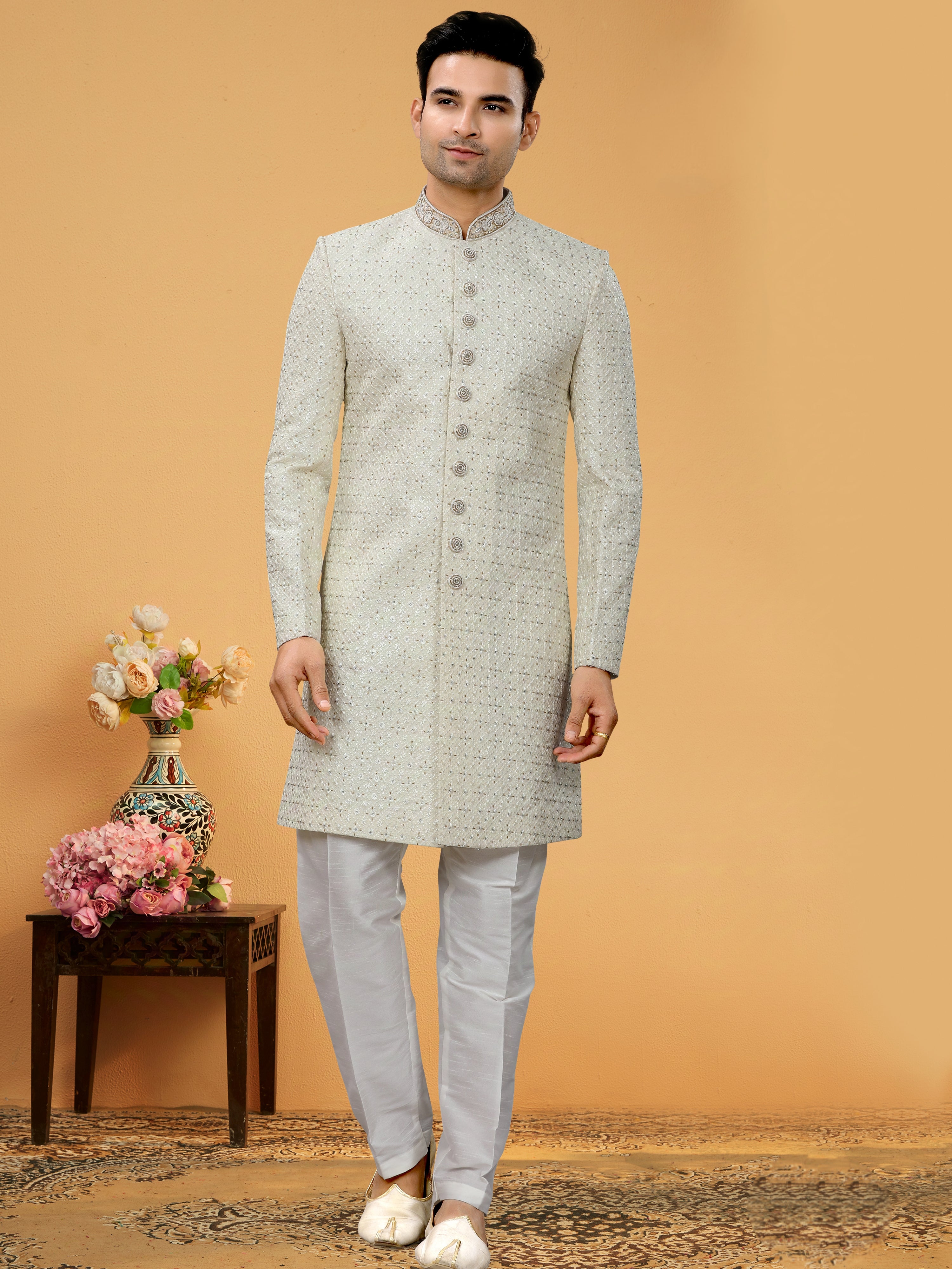 Light Green Indo Western Kurta for Men with Lucknowi Sequin &amp; Handwork