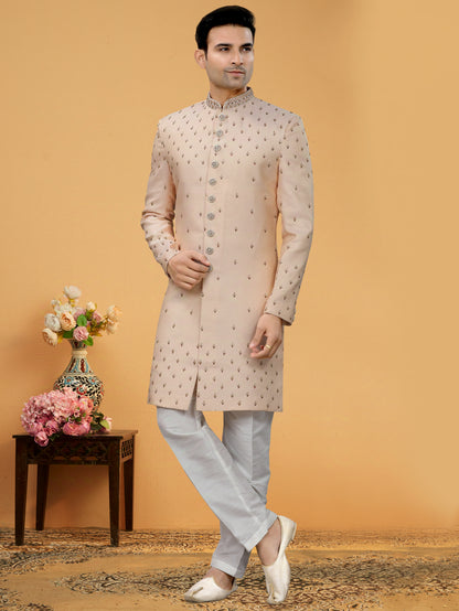 Beige Indo Western Kurta for Men with Lucknowi Sequins &amp; Handwork