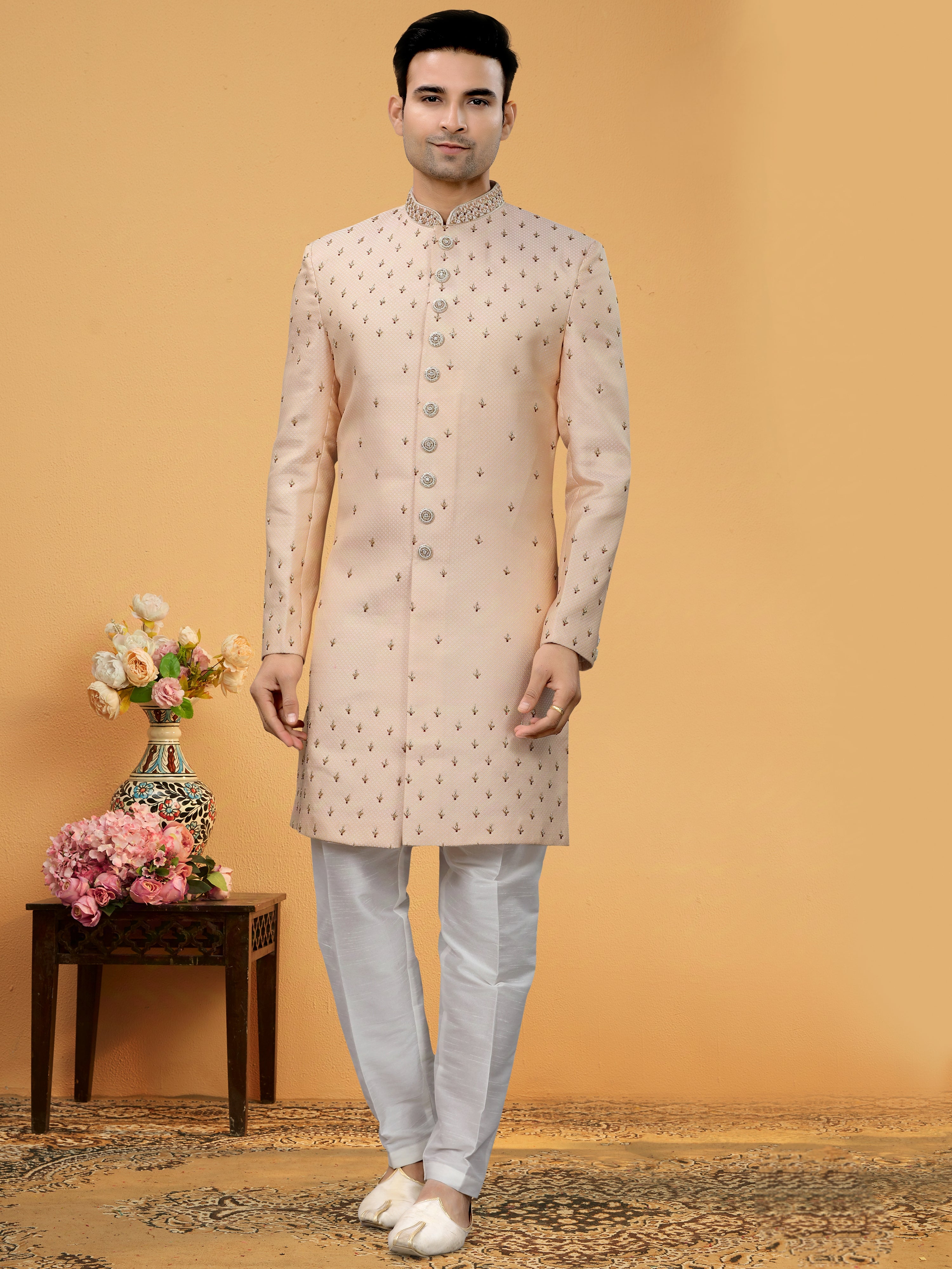 Beige Indo Western Kurta for Men with Lucknowi Sequins & Handwork
