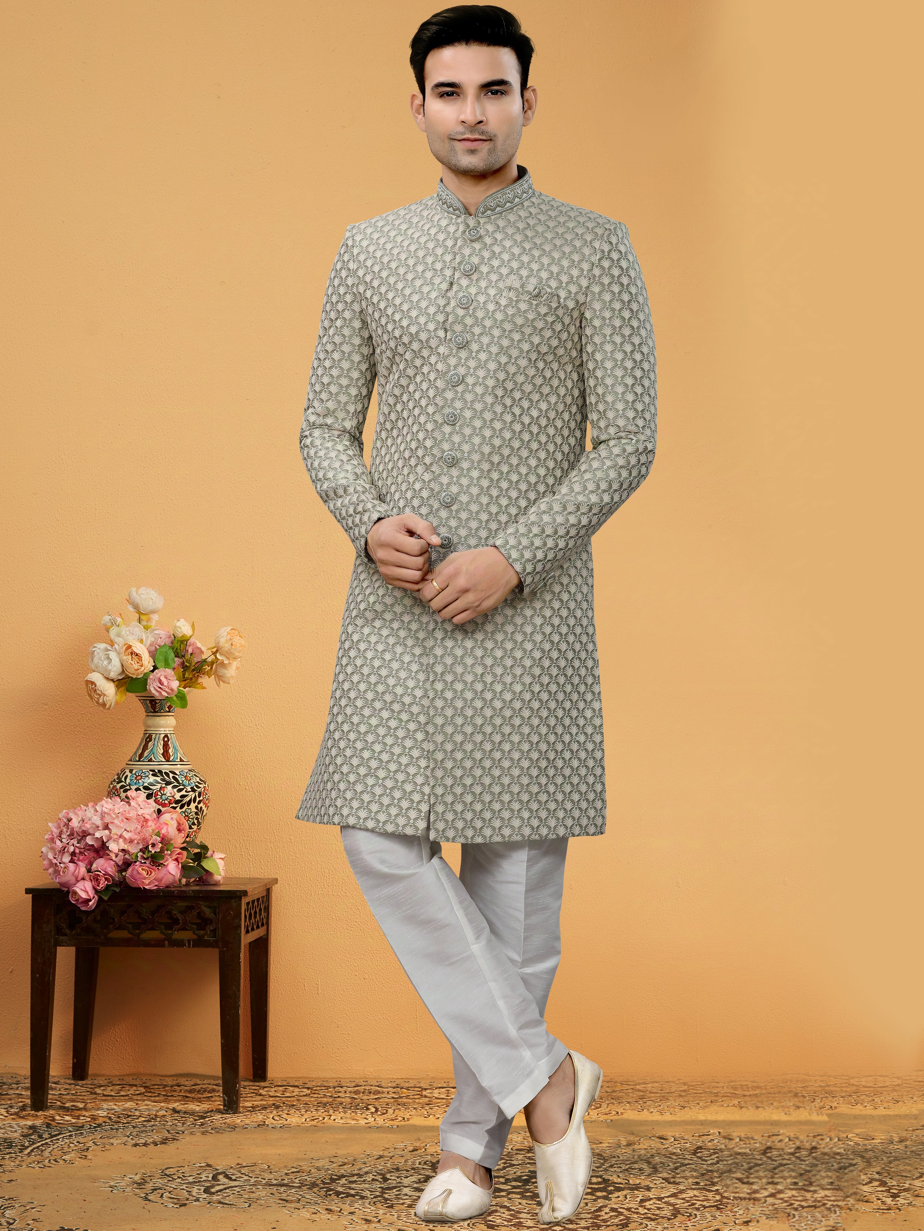 Olive Green Indo Western Kurta Set for Men with Lucknowi Embroidery
