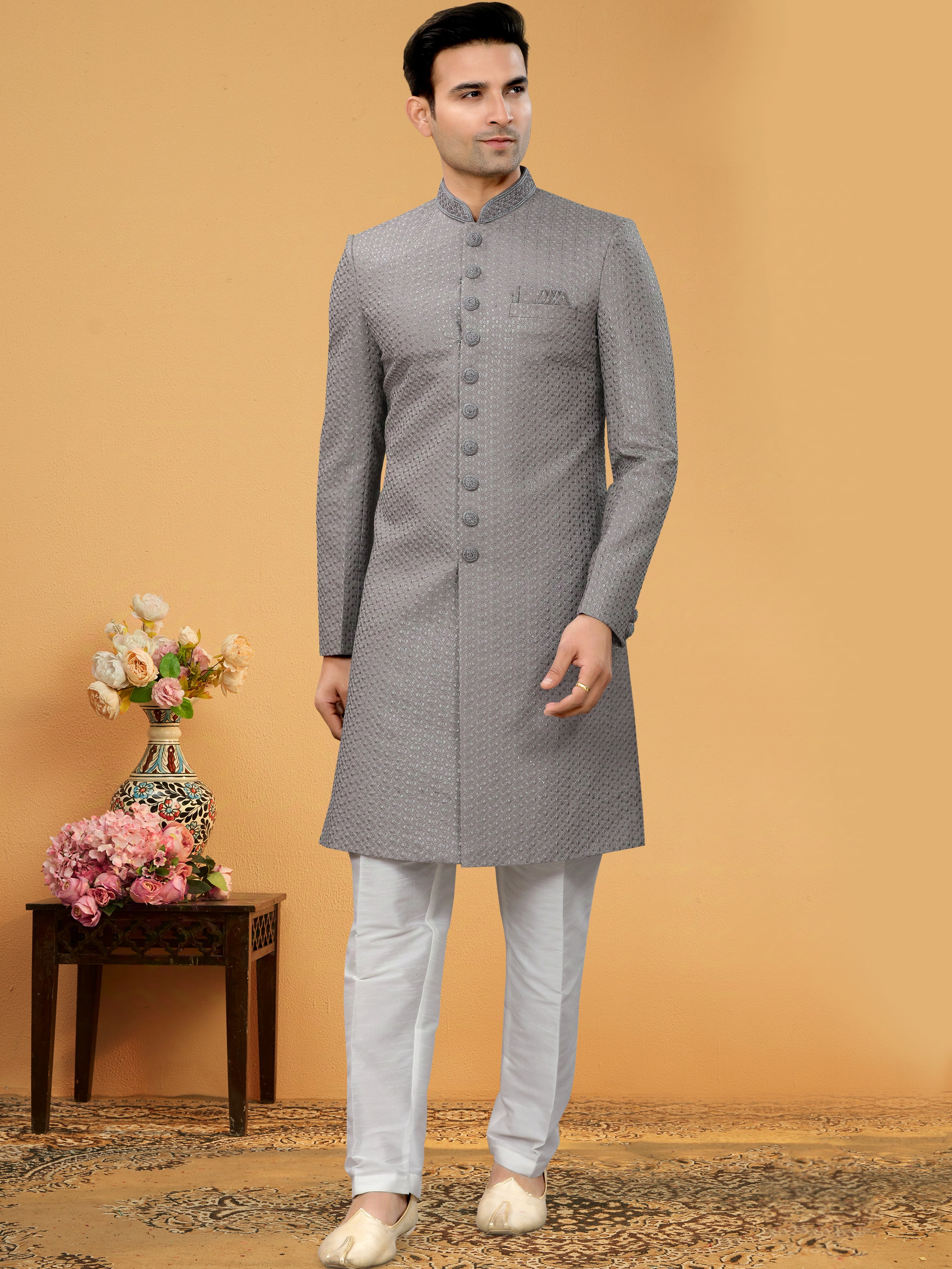 Grey Indo Western Kurta for Men with Lucknowi Threadwork &amp; Sequins