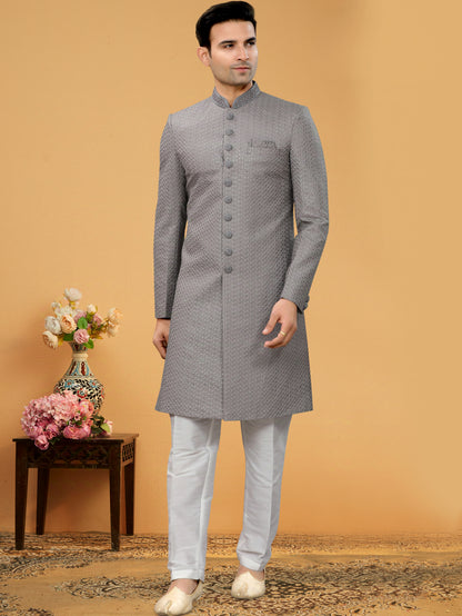 Grey Indo Western Kurta for Men with Lucknowi Threadwork &amp; Sequins