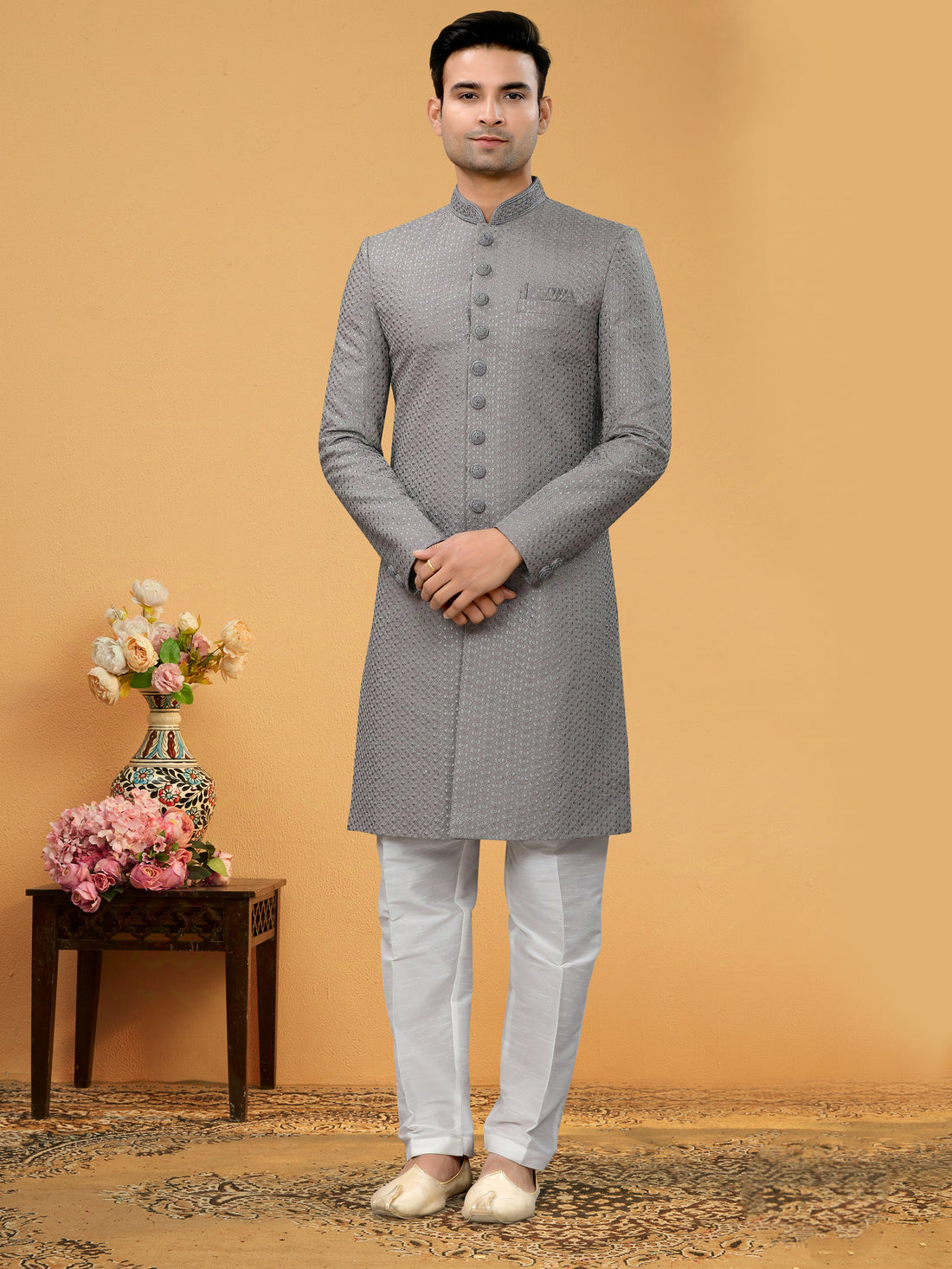 Grey Indo Western Kurta for Men with Lucknowi Threadwork &amp; Sequins