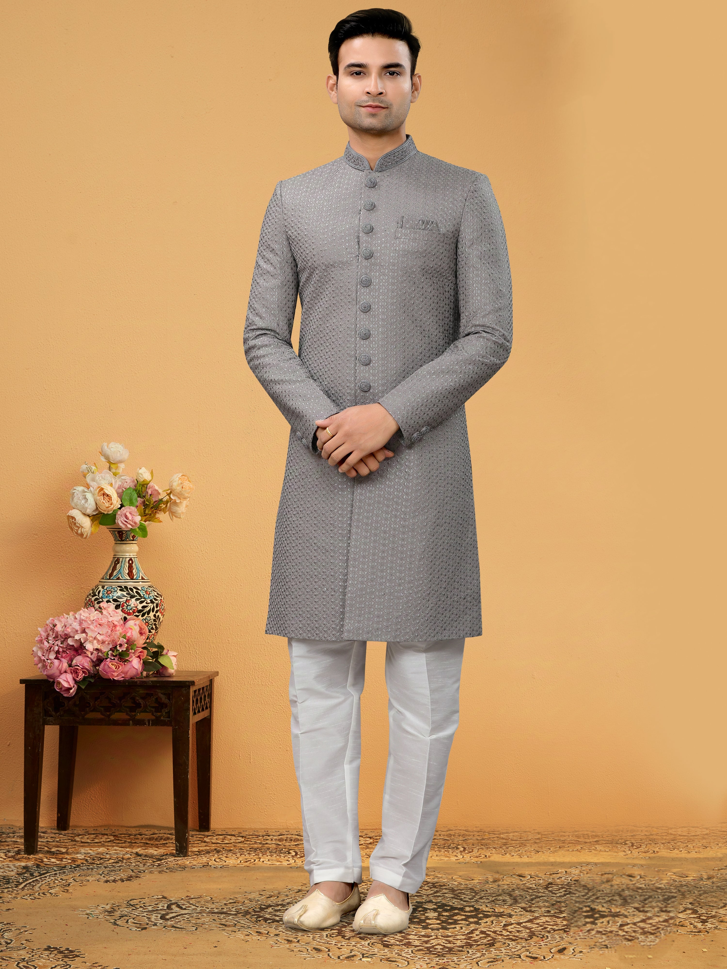 Grey Indo Western Kurta for Men with Lucknowi Threadwork &amp; Sequins