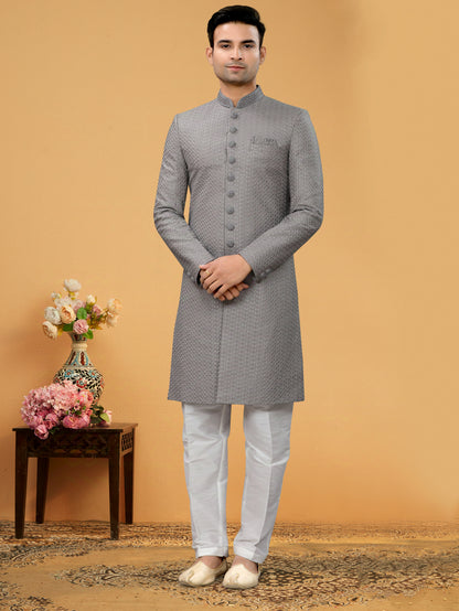 Grey Indo Western Kurta for Men with Lucknowi Threadwork &amp; Sequins