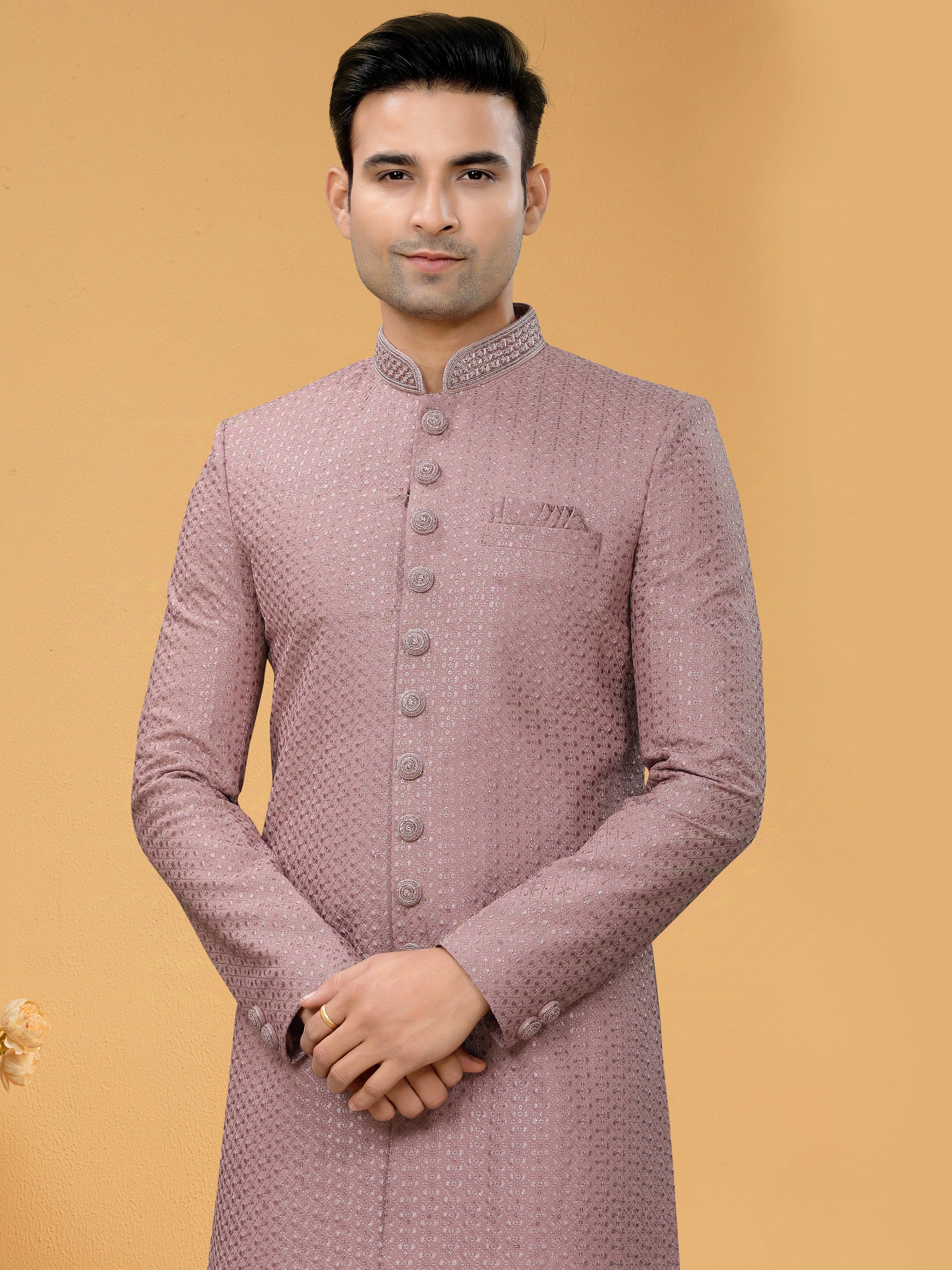 Light Pink Indo Western Kurta for Men with Lucknowi Handwork