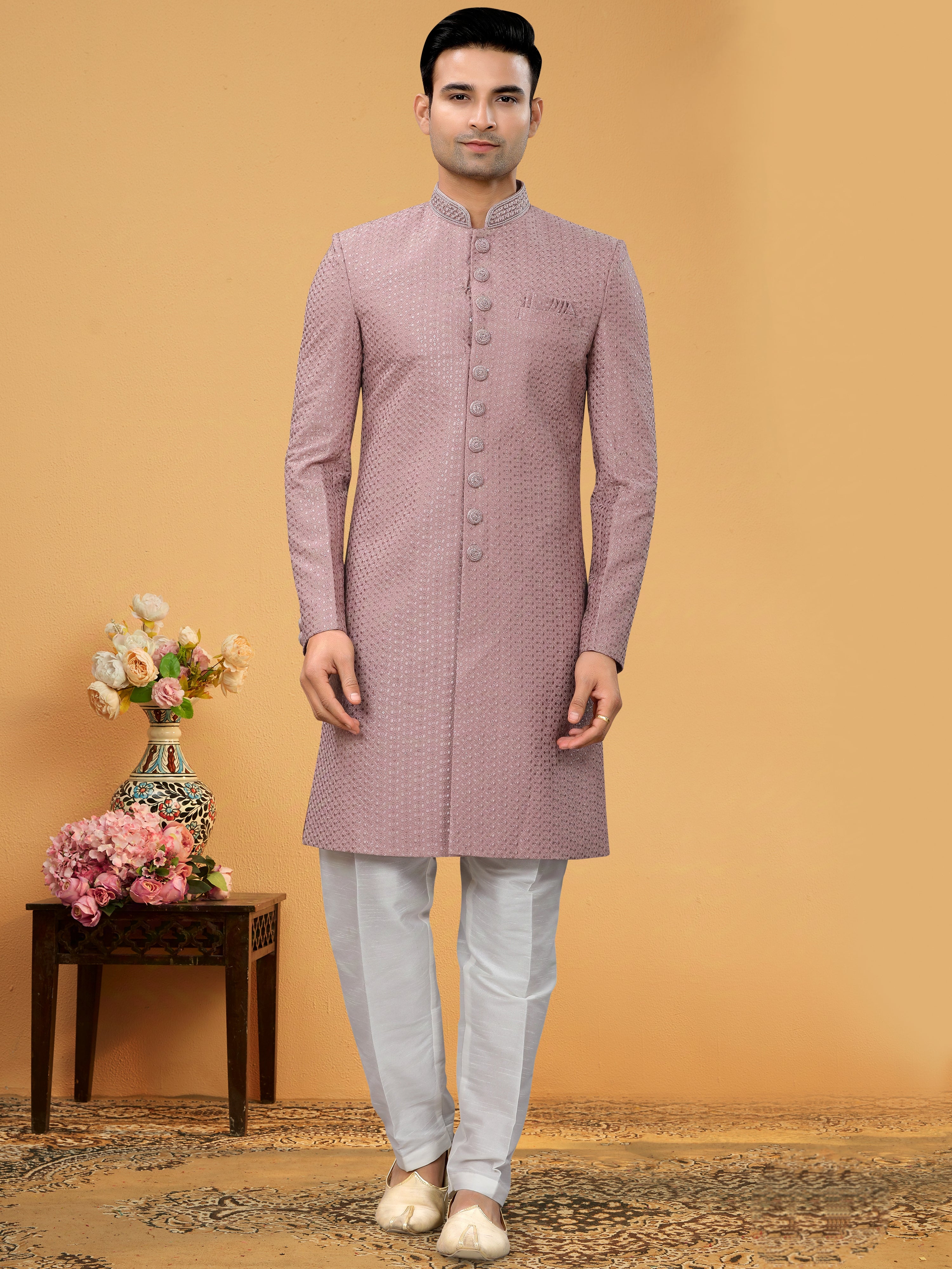 Light Pink Indo Western Kurta for Men with Lucknowi Handwork