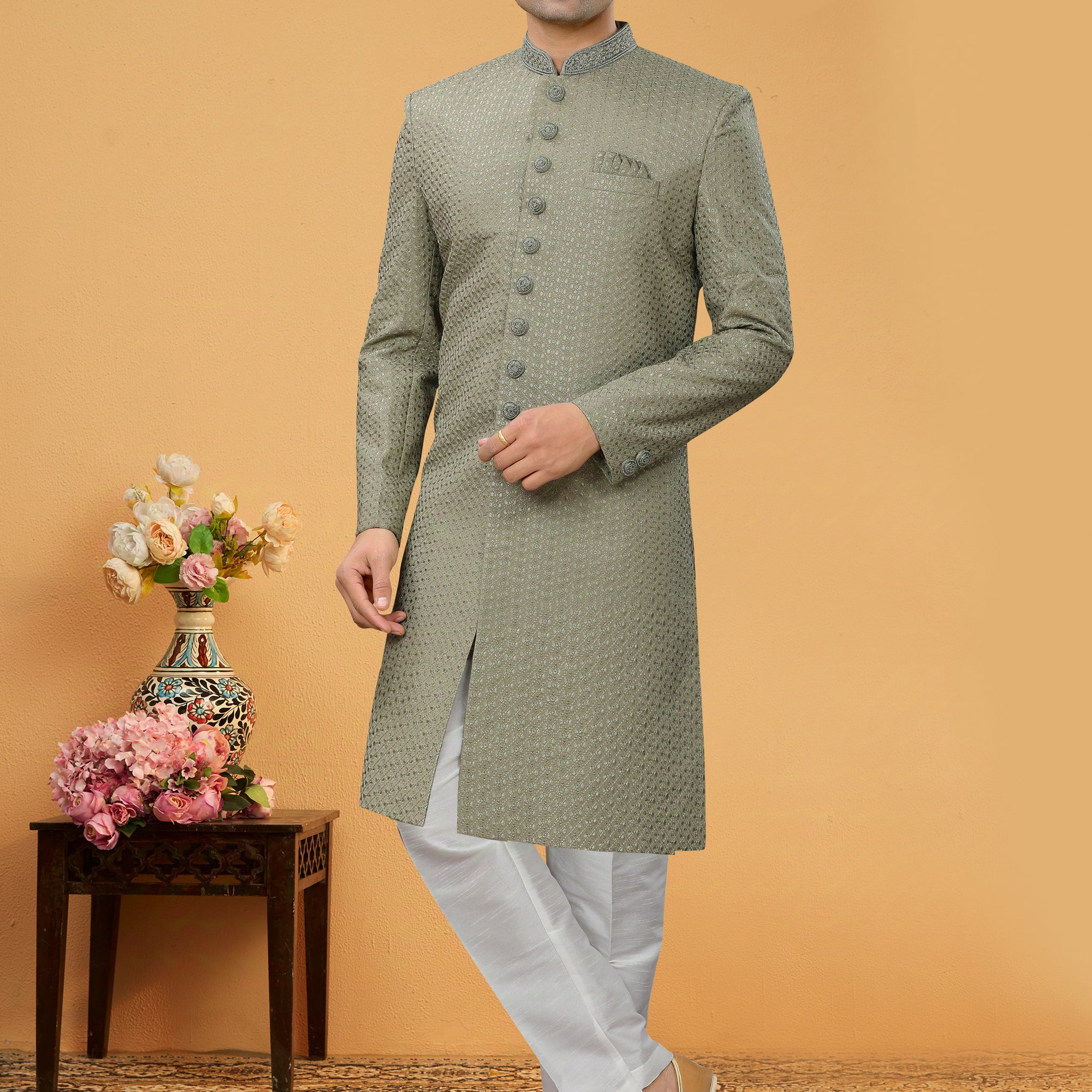 Sage Green Indo Western Kurta for Men with Lucknowi Handwork