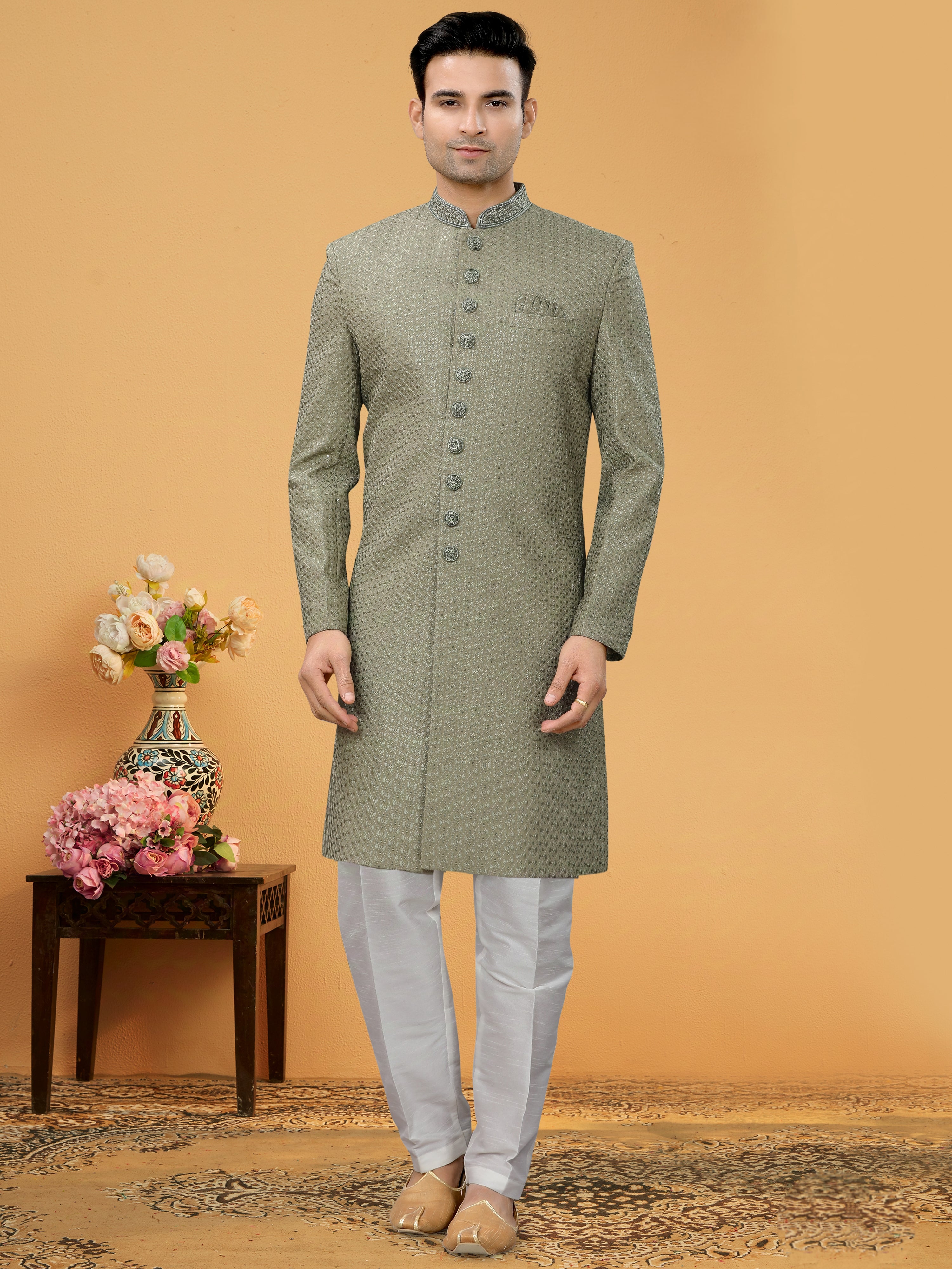 Sage Green Indo Western Kurta for Men with Lucknowi Handwork