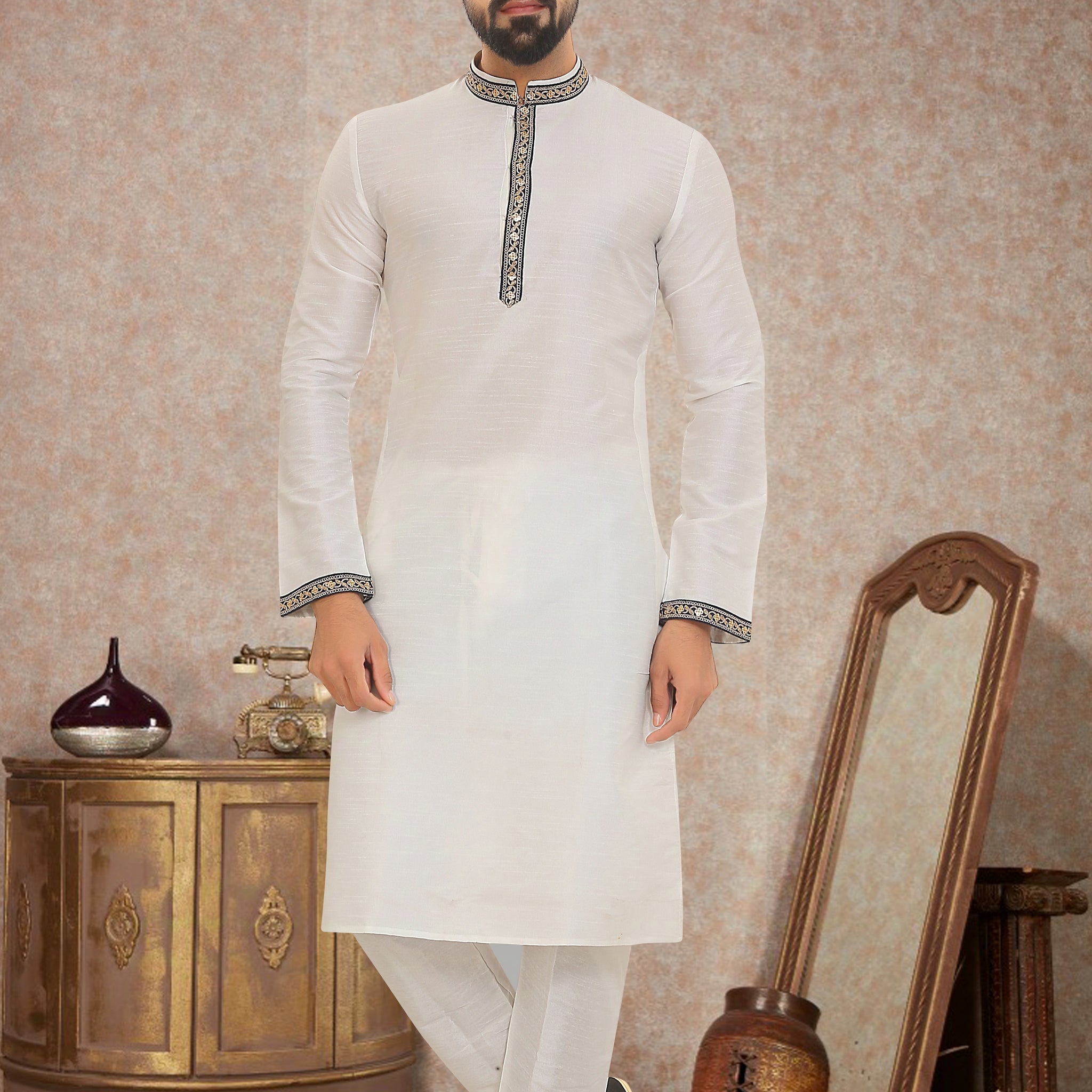 Classic White Dupion Silk Kurta Pajama for Men