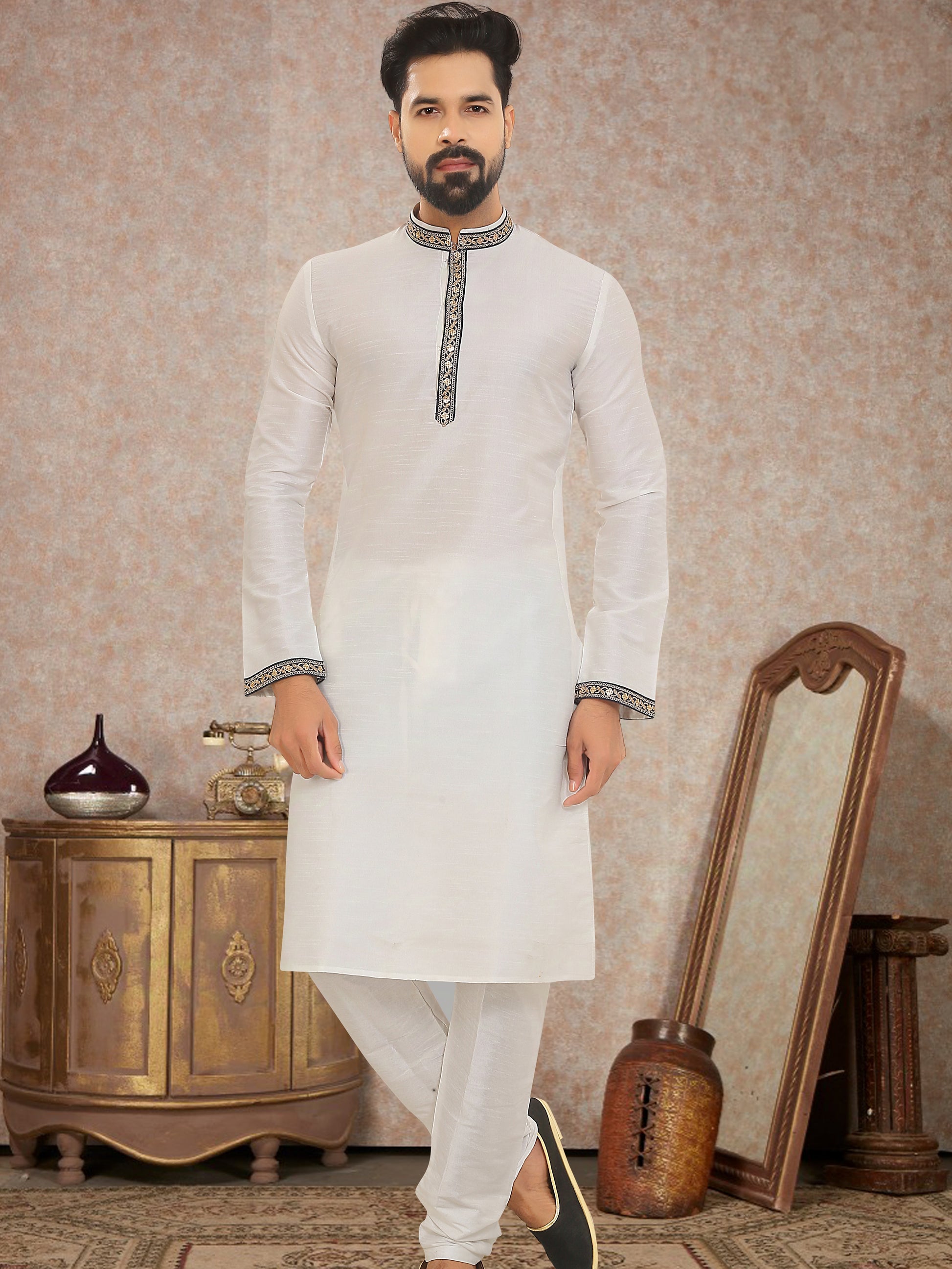 Classic White Dupion Silk Kurta Pajama for Men - Main Image