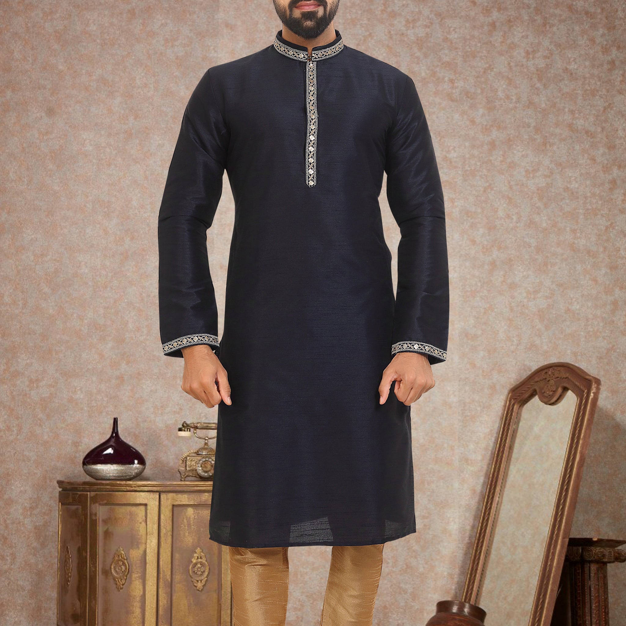 Navy Blue Dupion Silk Kurta Pajama for Men