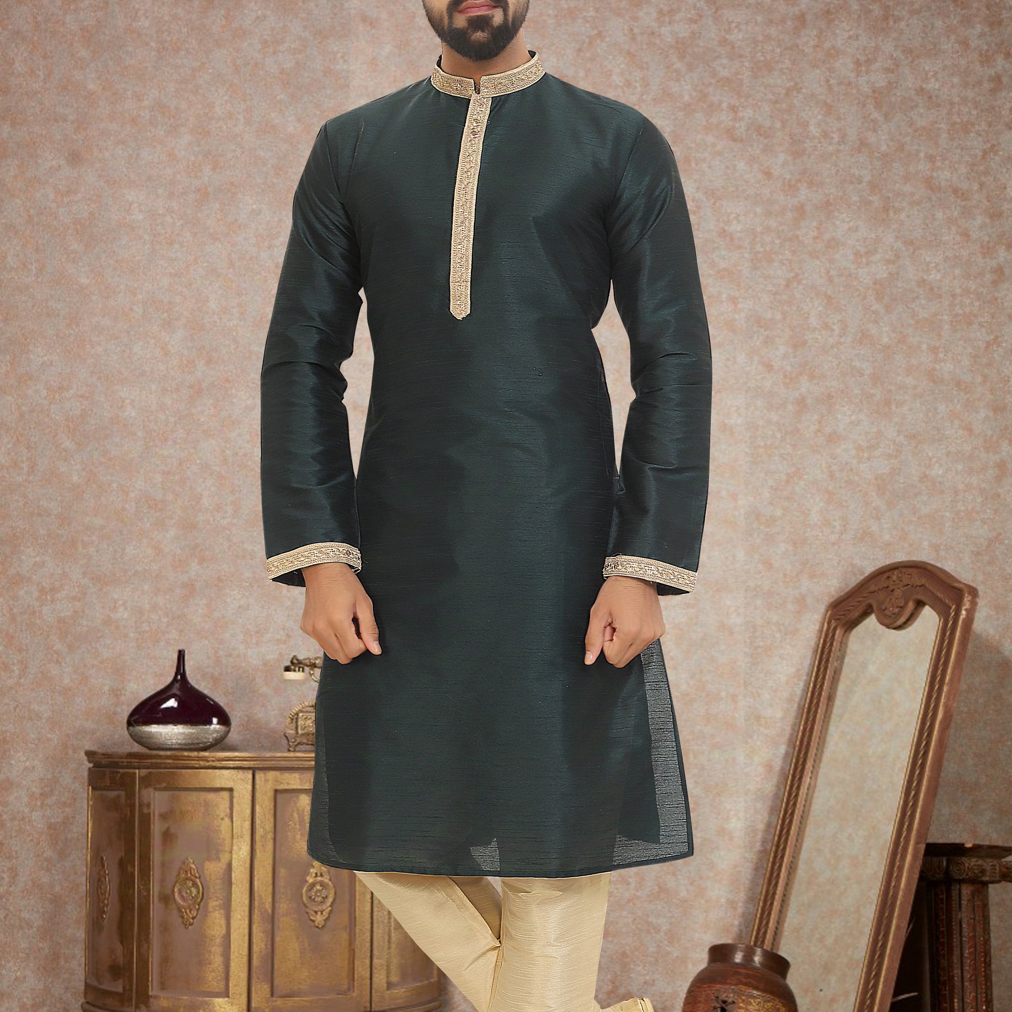 Dark Green Dupion Silk Kurta Pajama for Men