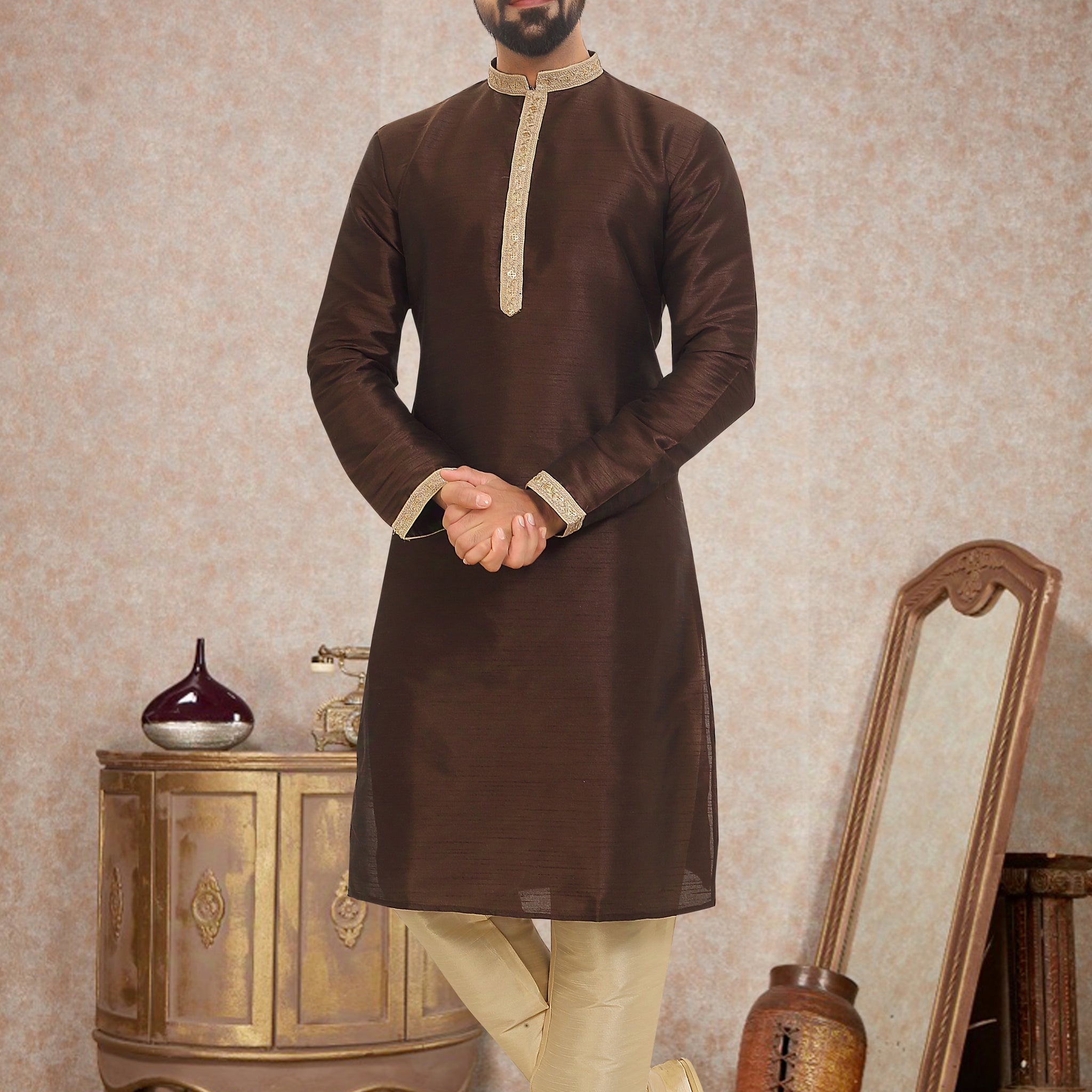 Coffee Brown Dupion Silk Kurta Pajama for Men