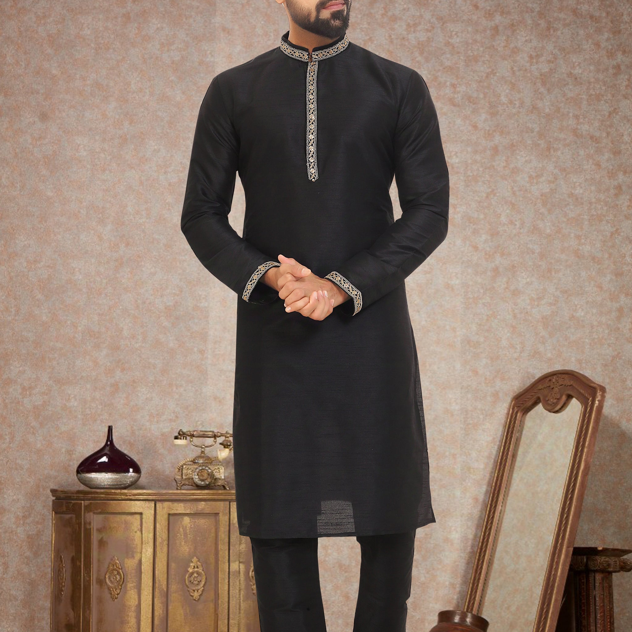 Classic Black Dupion Silk Kurta Pajama for Men