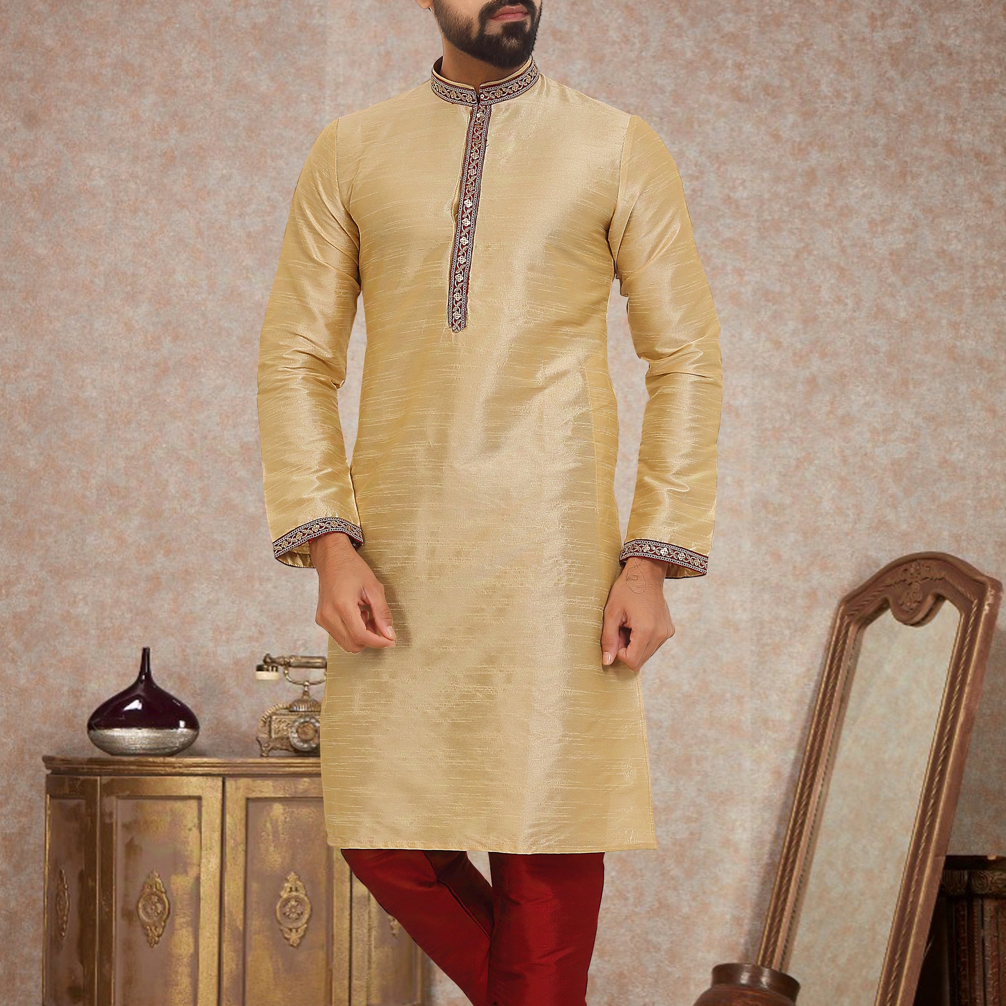 Golden Dupion Silk Kurta Pajama for Men