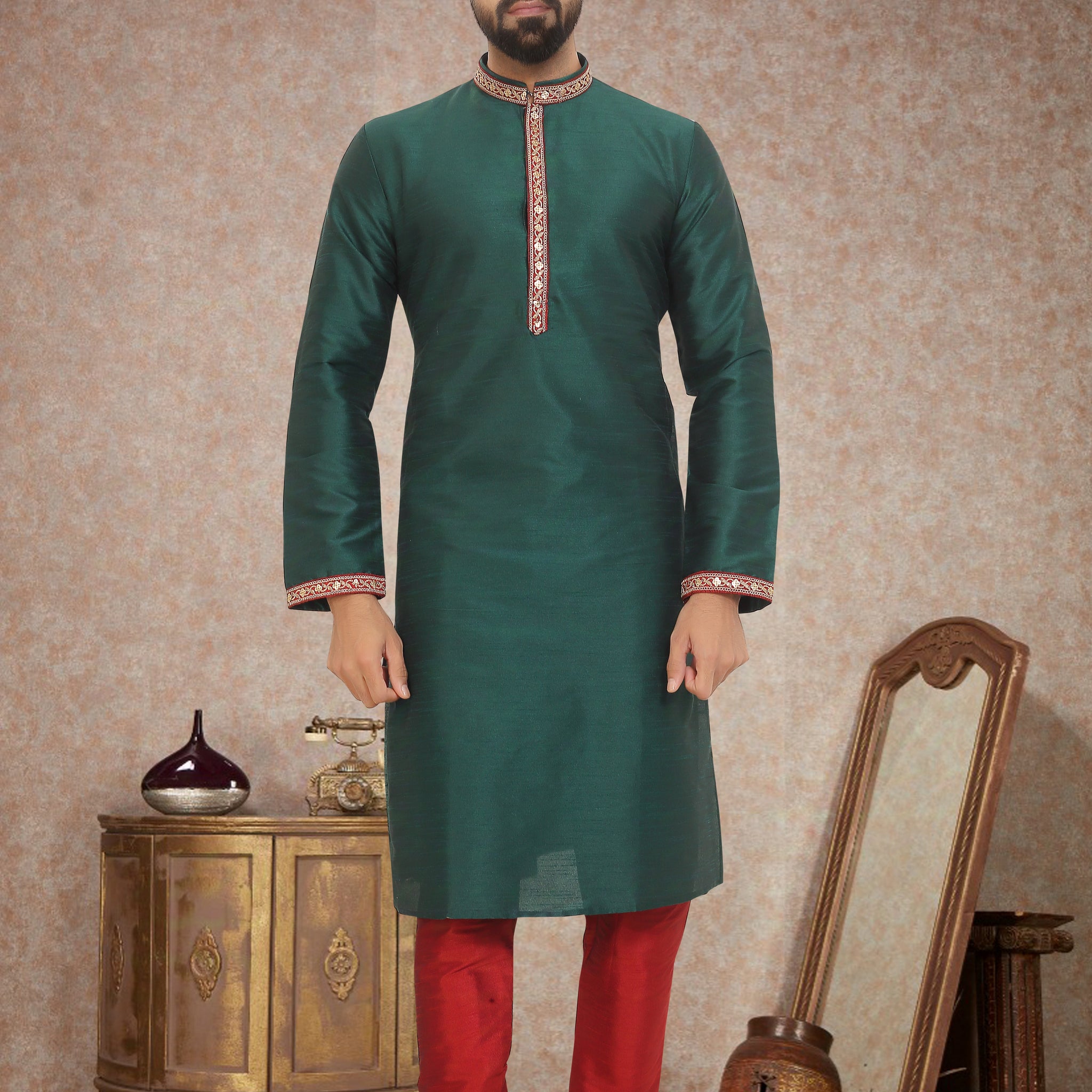 Forest Green Dupion Silk Kurta Pajama for Men