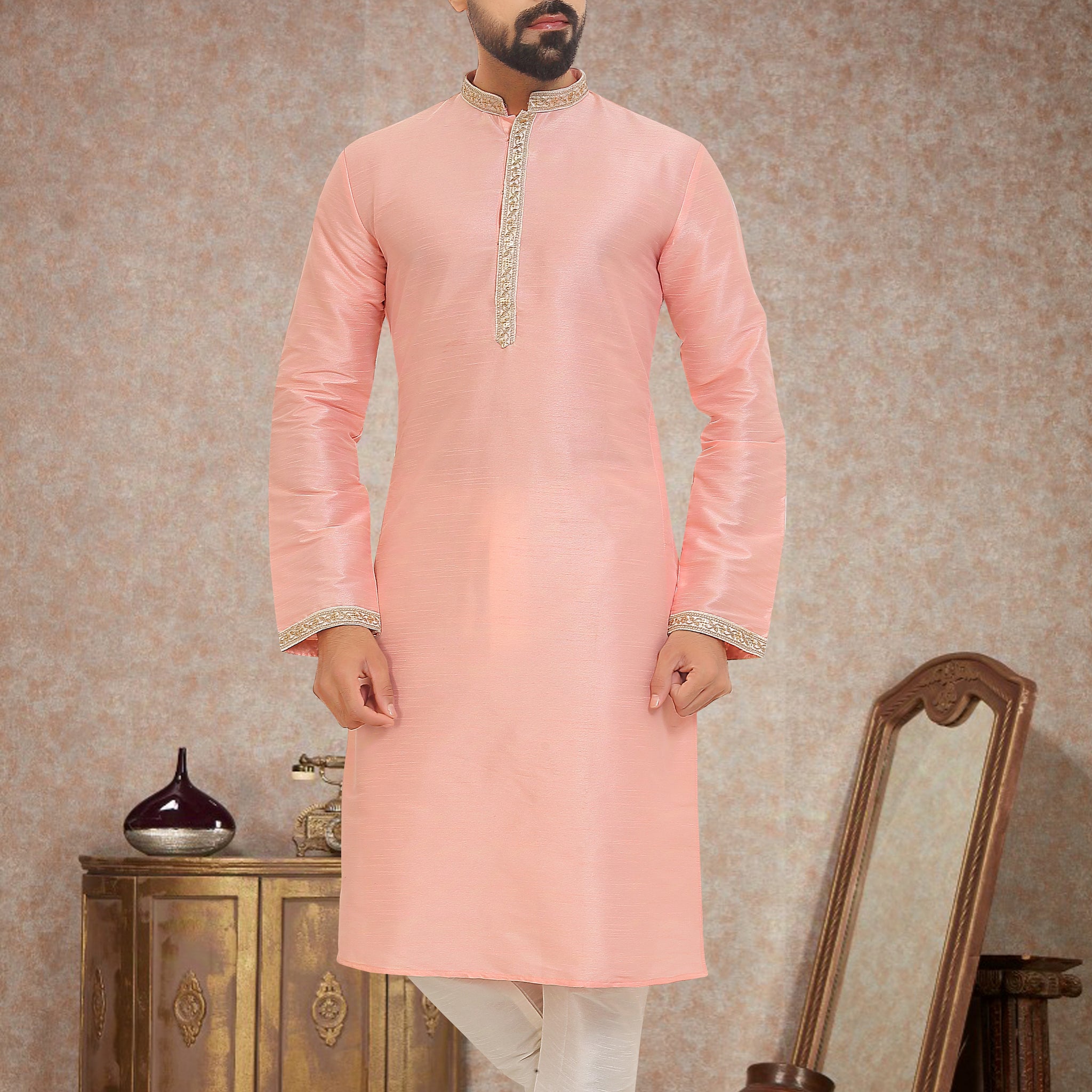 Peach Pink Dupion Silk Kurta Pajama for Men