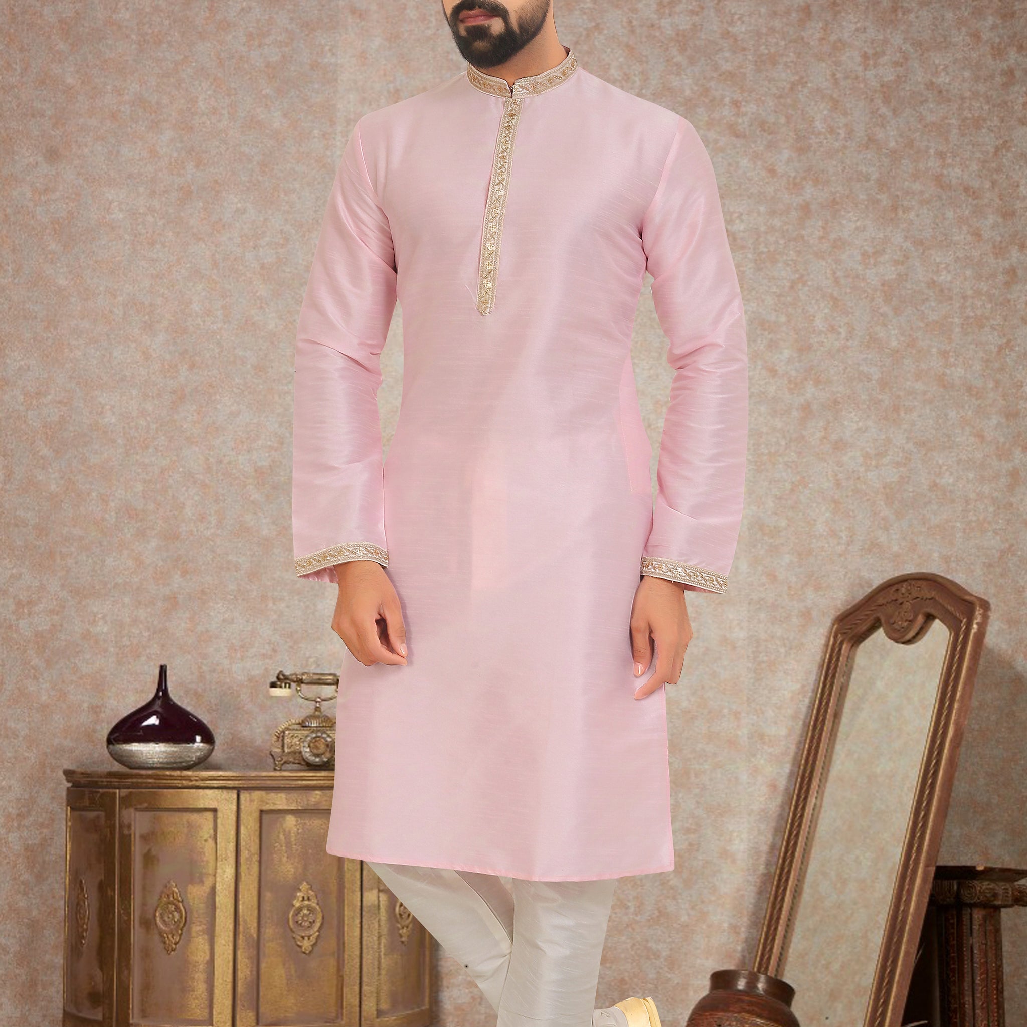 Baby Pink Dupion Silk Kurta Pajama for Men