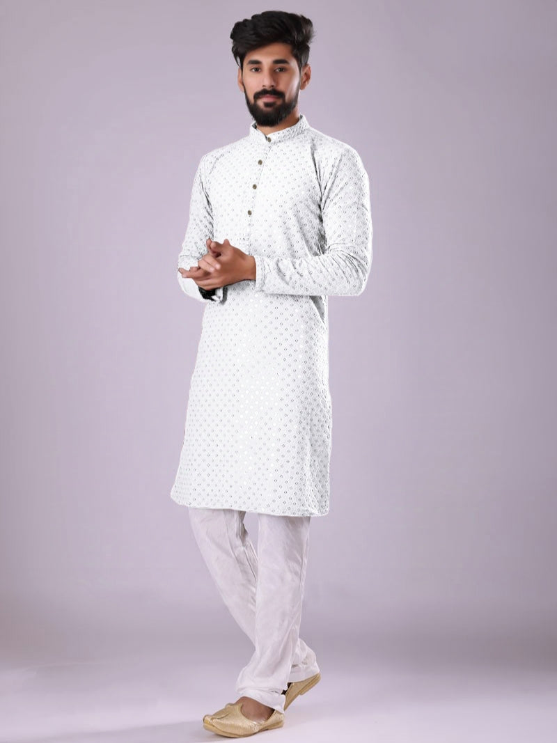 White Rayon Kurta Pajama with Chikankari &amp; Sequins Work