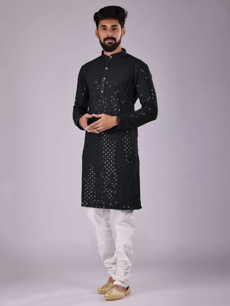 Black Rayon Kurta Pajama with Chikankari &amp; Sequins Work