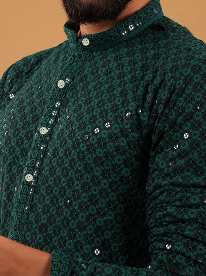 Green Rayon Kurta Pajama with Chikankari &amp; Sequins Work