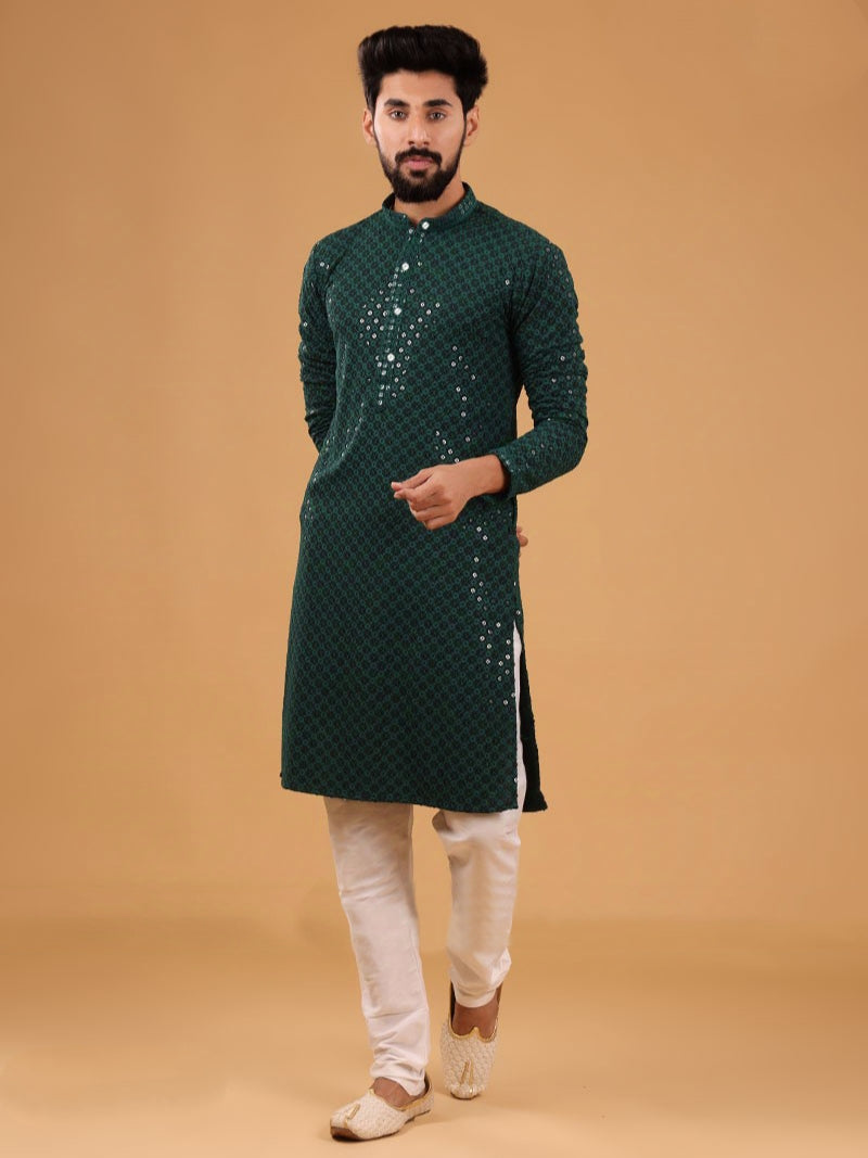 Green Rayon Kurta Pajama with Chikankari &amp; Sequins Work