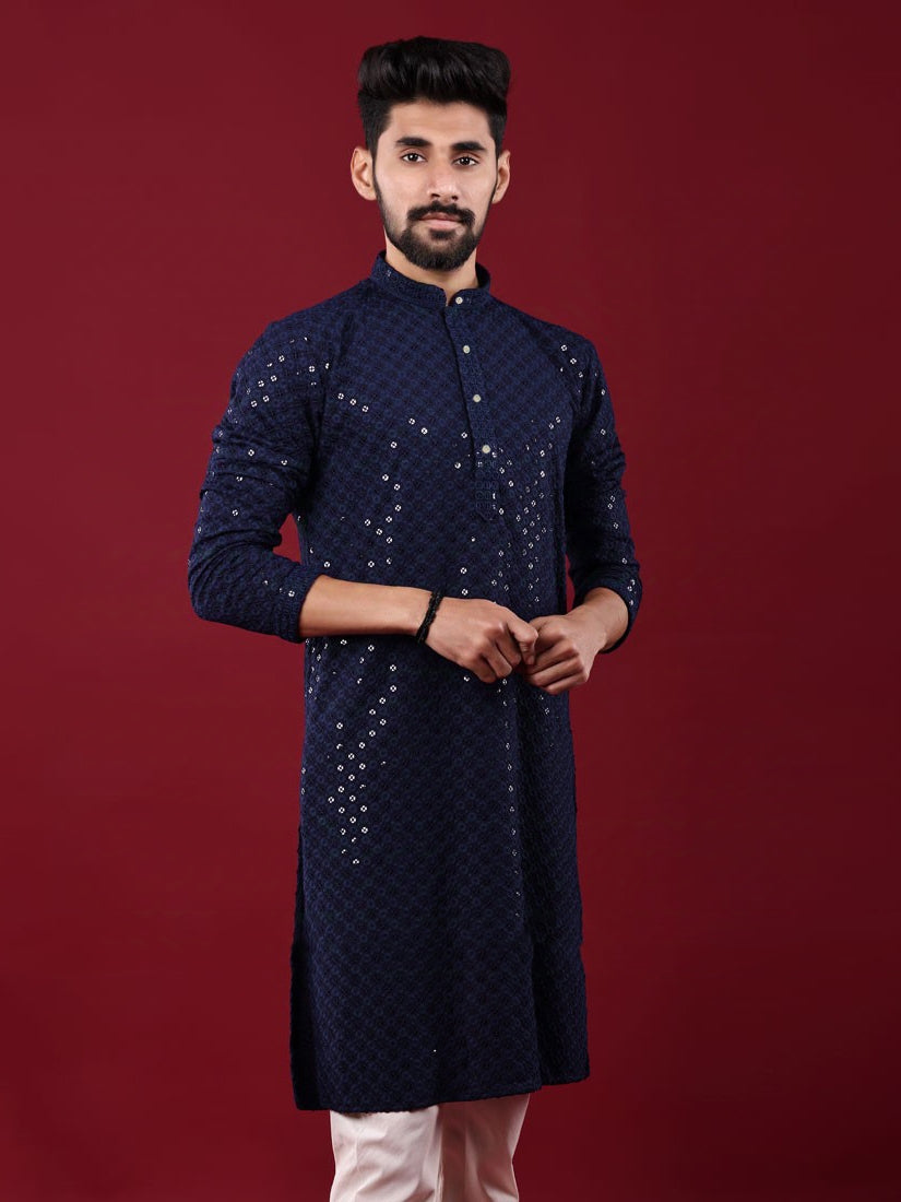 Navy Blue Rayon Kurta Pajama with Chikankari & Sequins Work