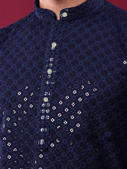 Navy Blue Rayon Kurta Pajama with Chikankari &amp; Sequins Work