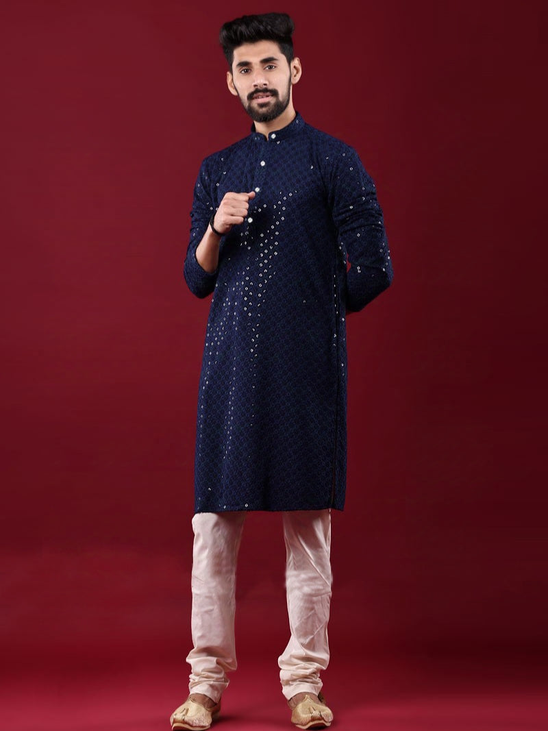 Navy Blue Rayon Kurta Pajama with Chikankari &amp; Sequins Work