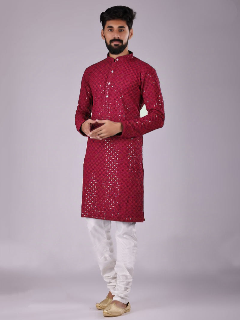 Maroon Rayon Kurta Pajama with Chikankari &amp; Sequins Work
