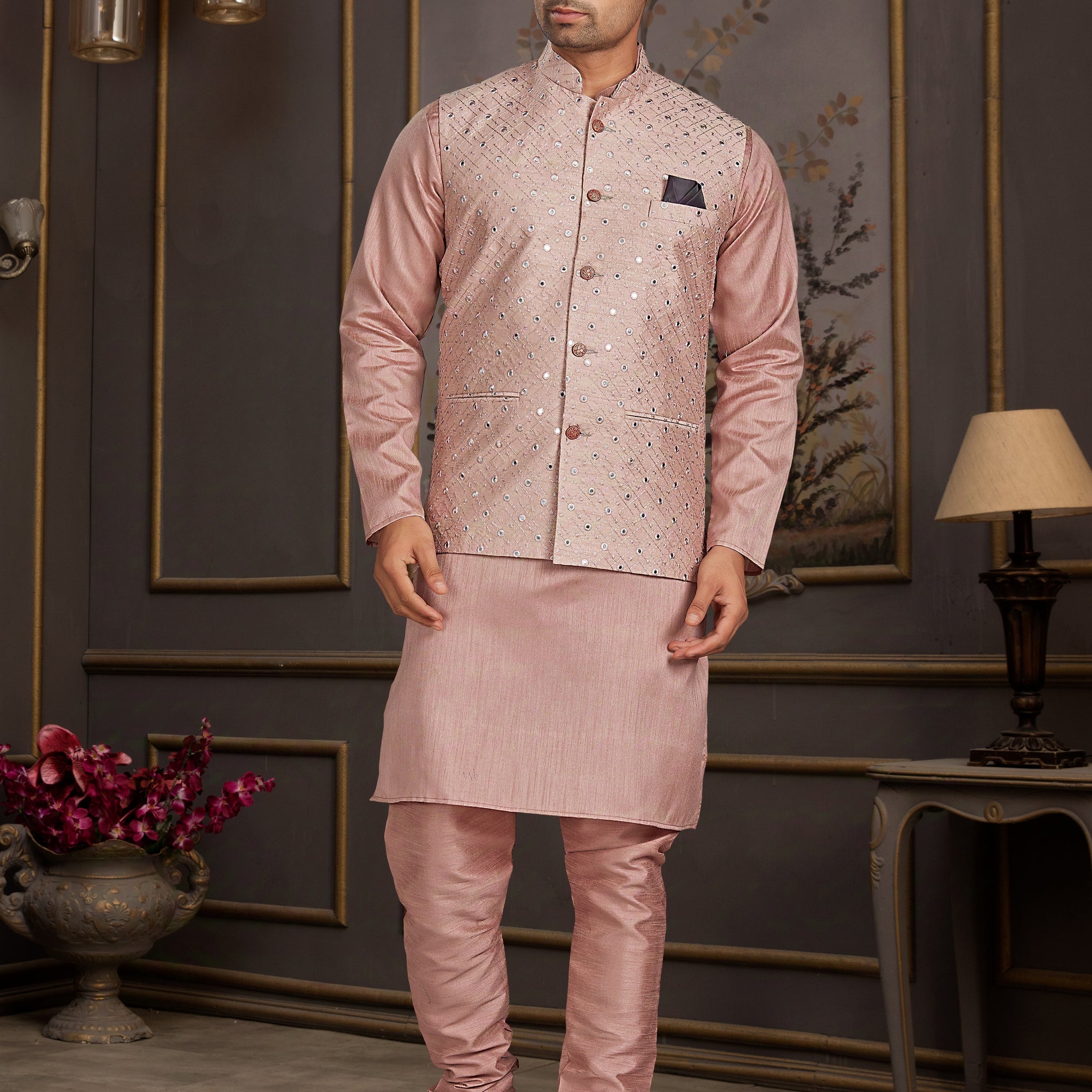Pink Silk Kurta Pajama with Mirror Embellished Jacket