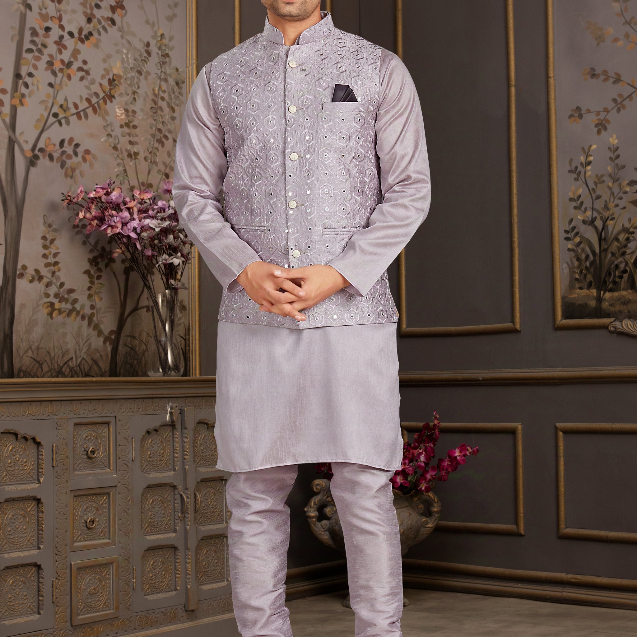 Grey Silk Kurta Pajama with Mirror Work Jacket
