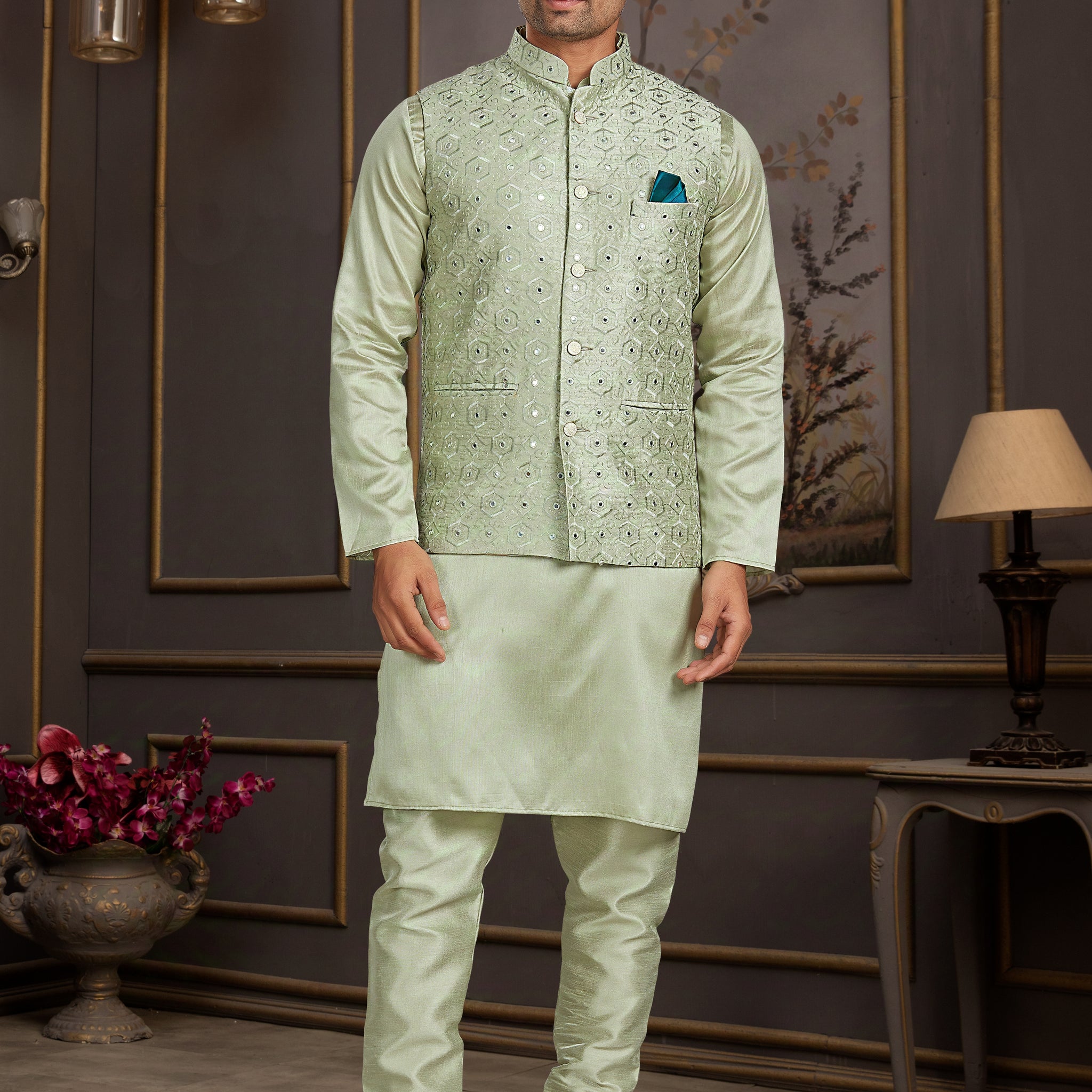Green Silk Kurta Pajama with Embroidered Mirror Work Jacket