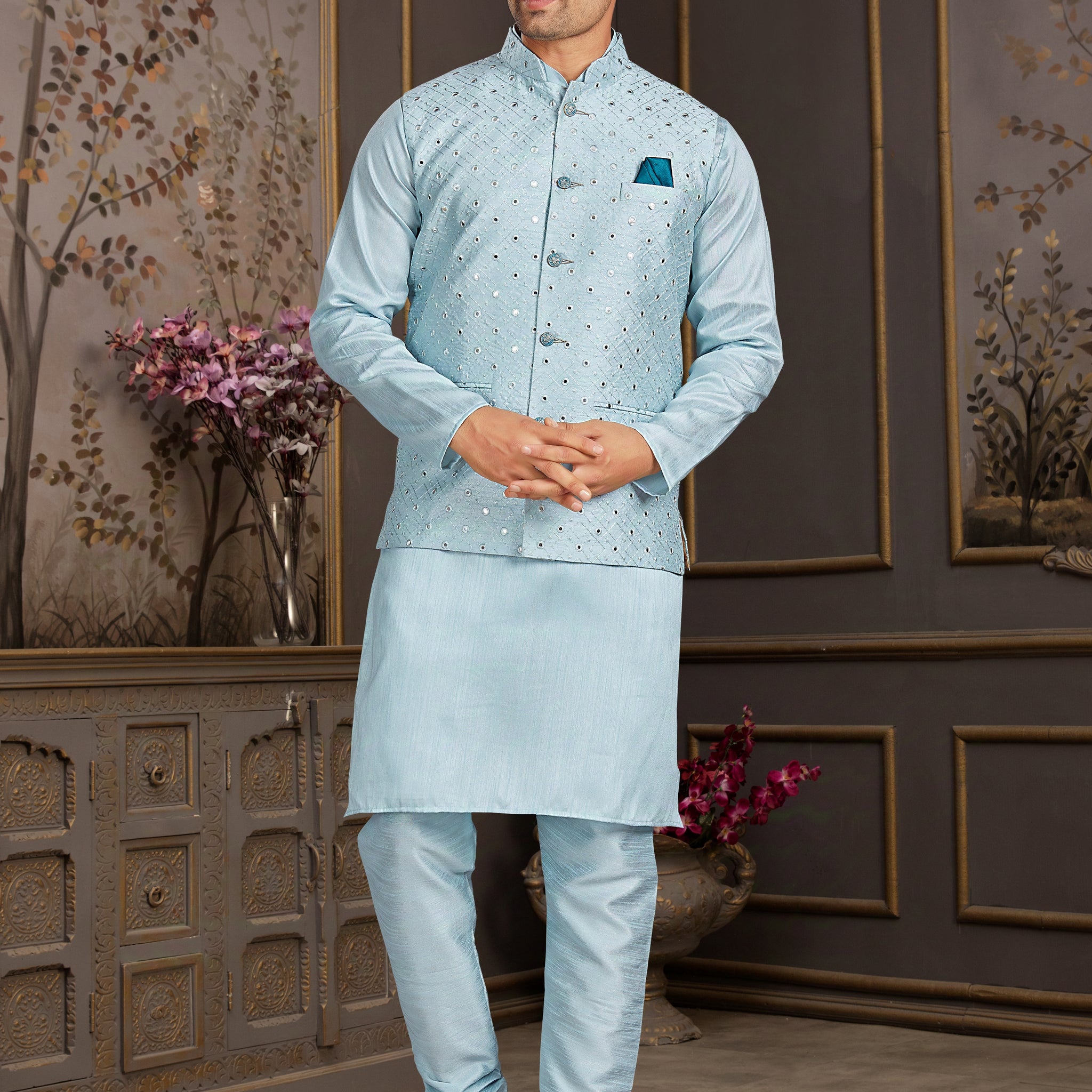Sky Blue Silk Kurta Pajama with Mirror Embroidered Jacket
