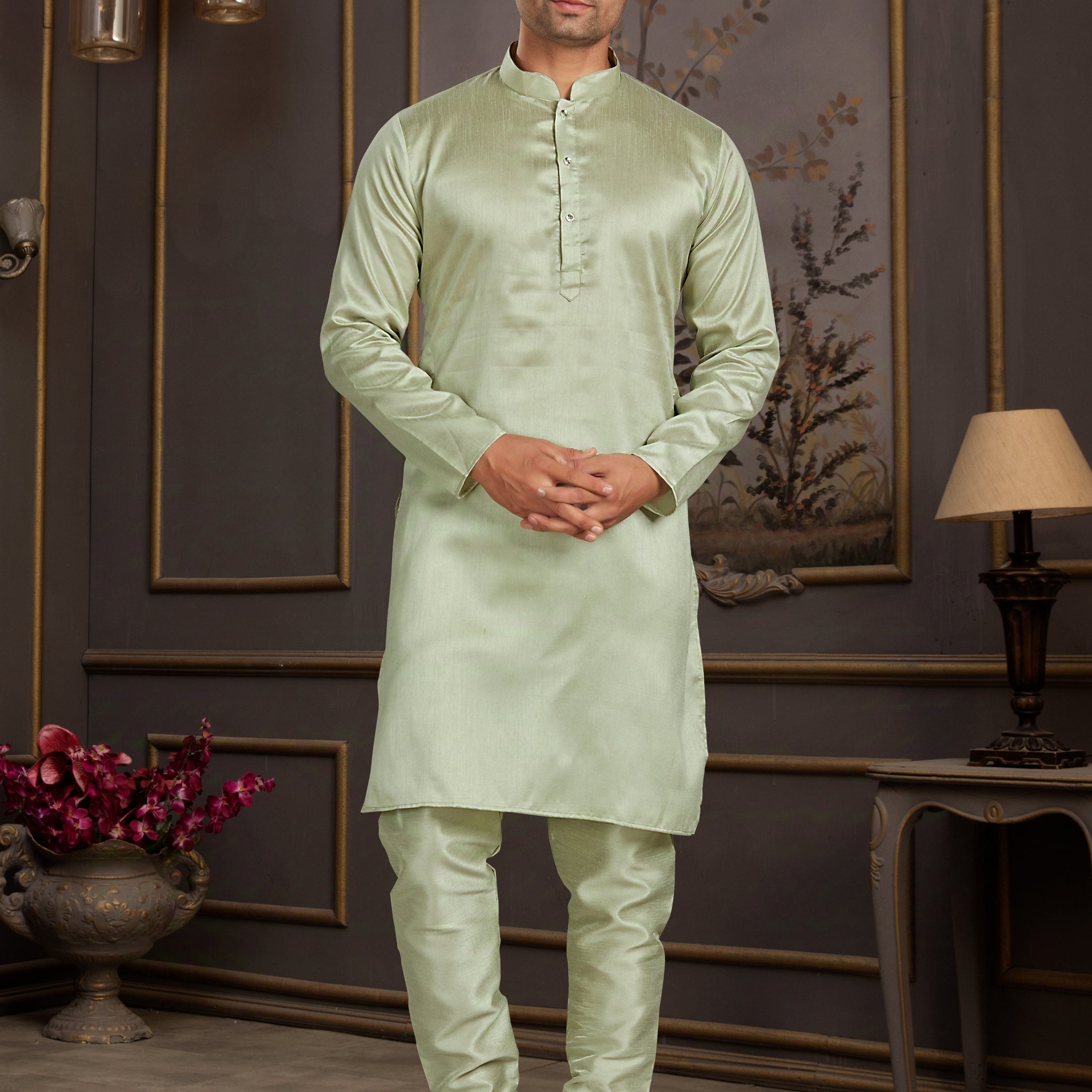 Pistachio Green Silk Kurta Pajama for Men