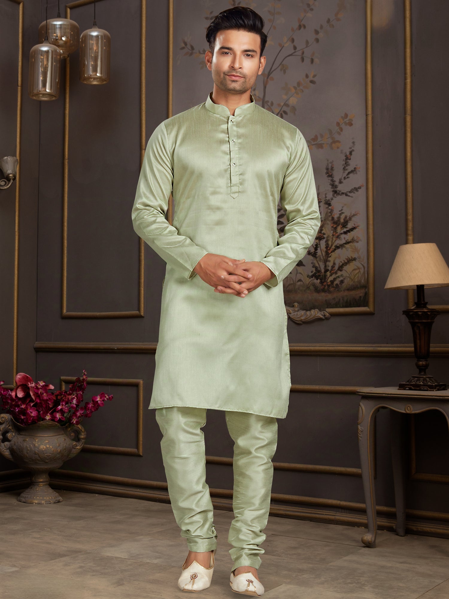 Pistachio Green Silk Kurta Pajama for Men