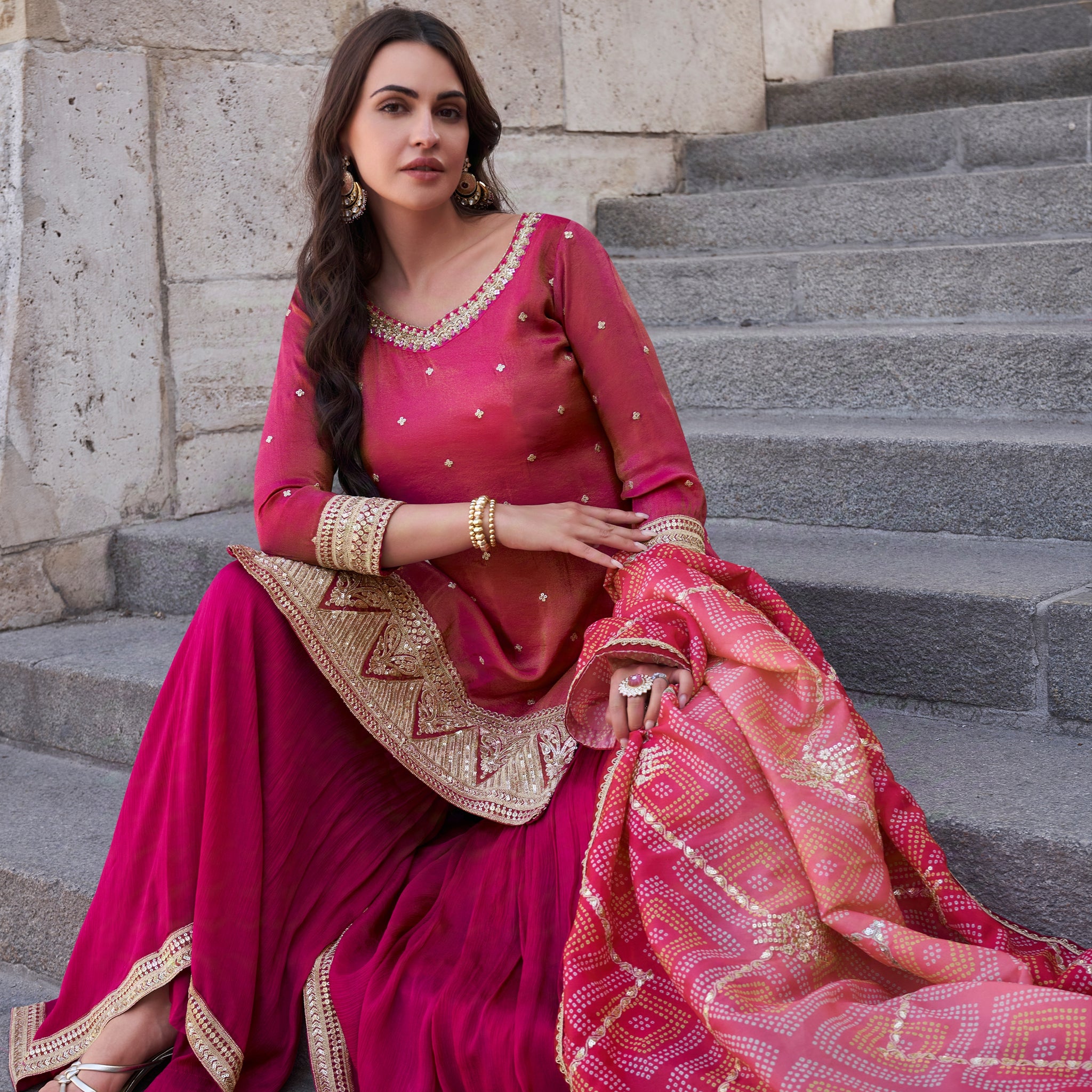 Wine Pink Embroidered Premium Silk Sharara Suit