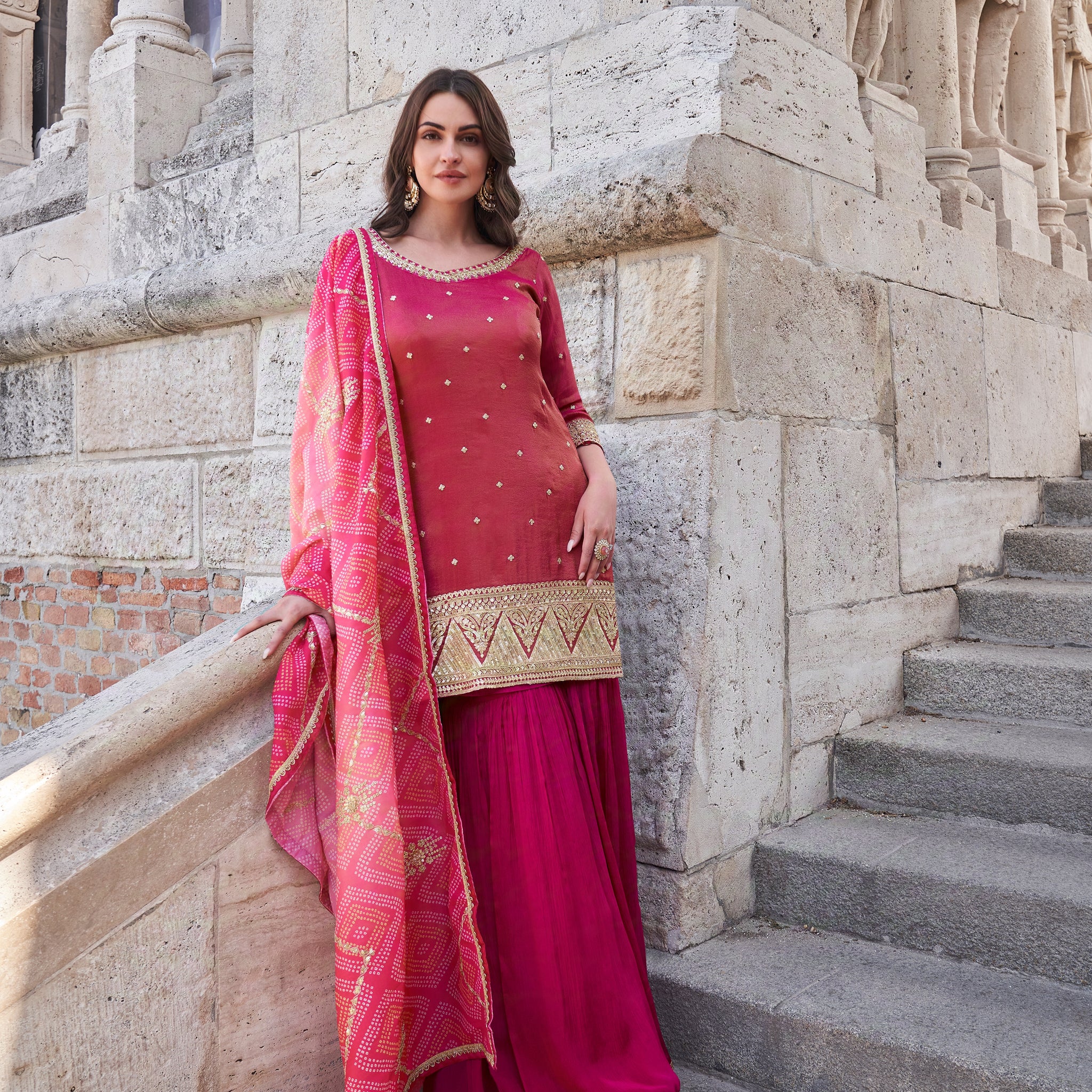 Wine Pink Embroidered Premium Silk Sharara Suit