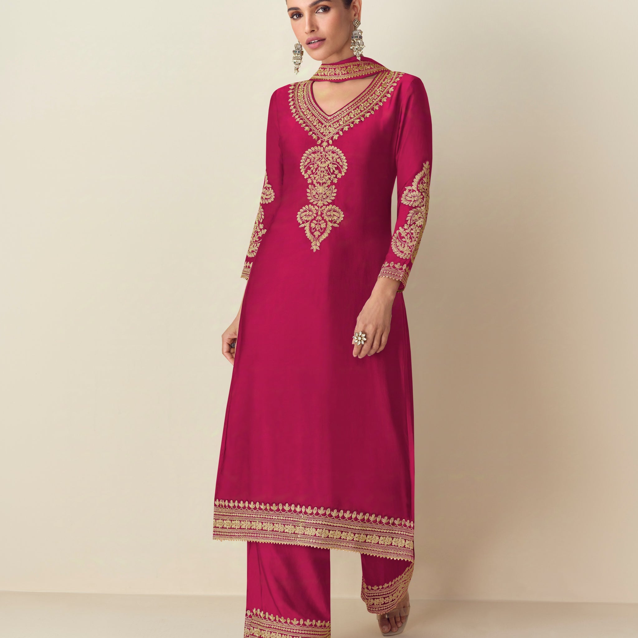 Wine Pink Embroidered Chinnon Silk Palazzo Set