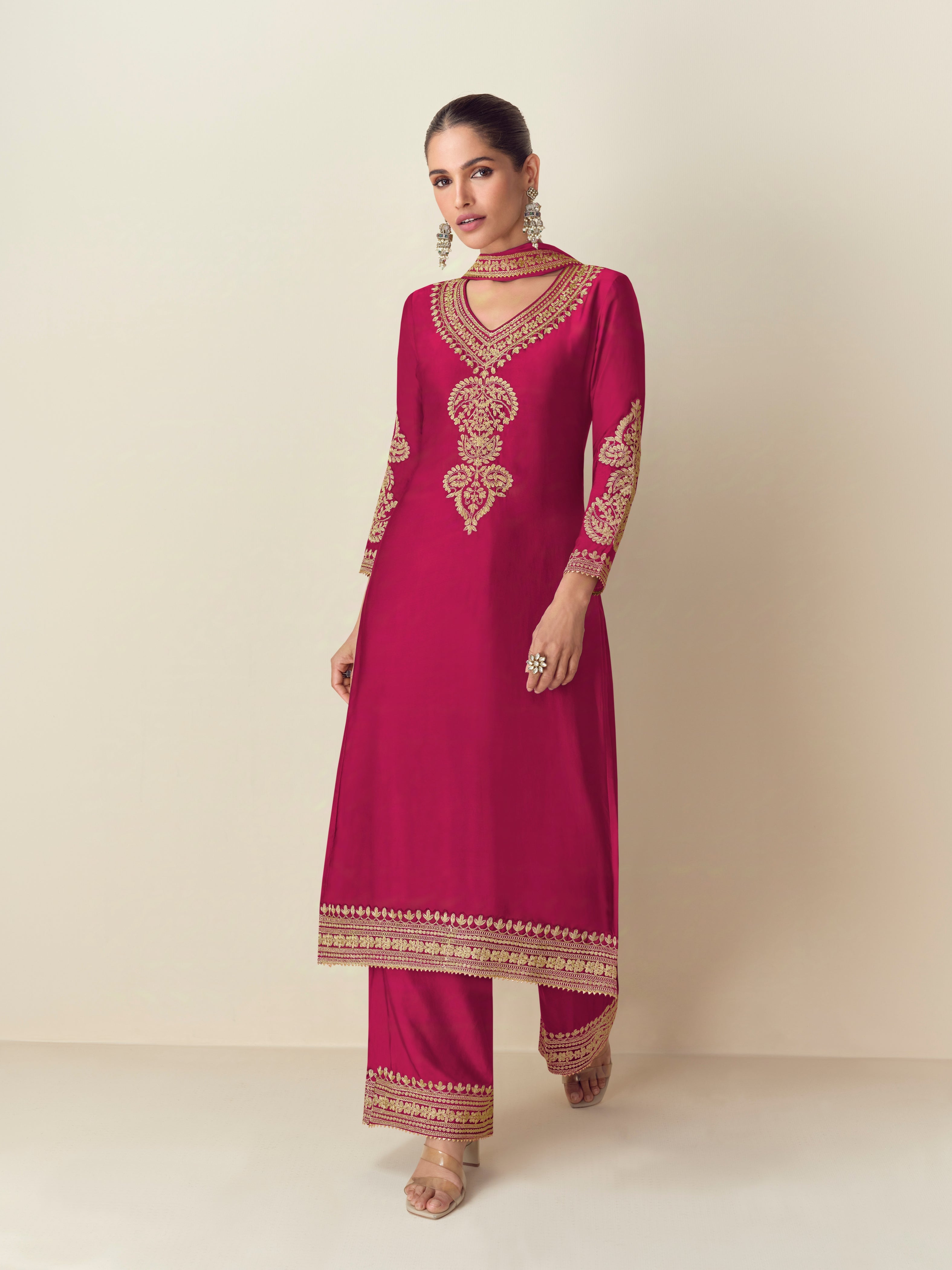 Wine Pink Embroidered Chinnon Silk Palazzo Set