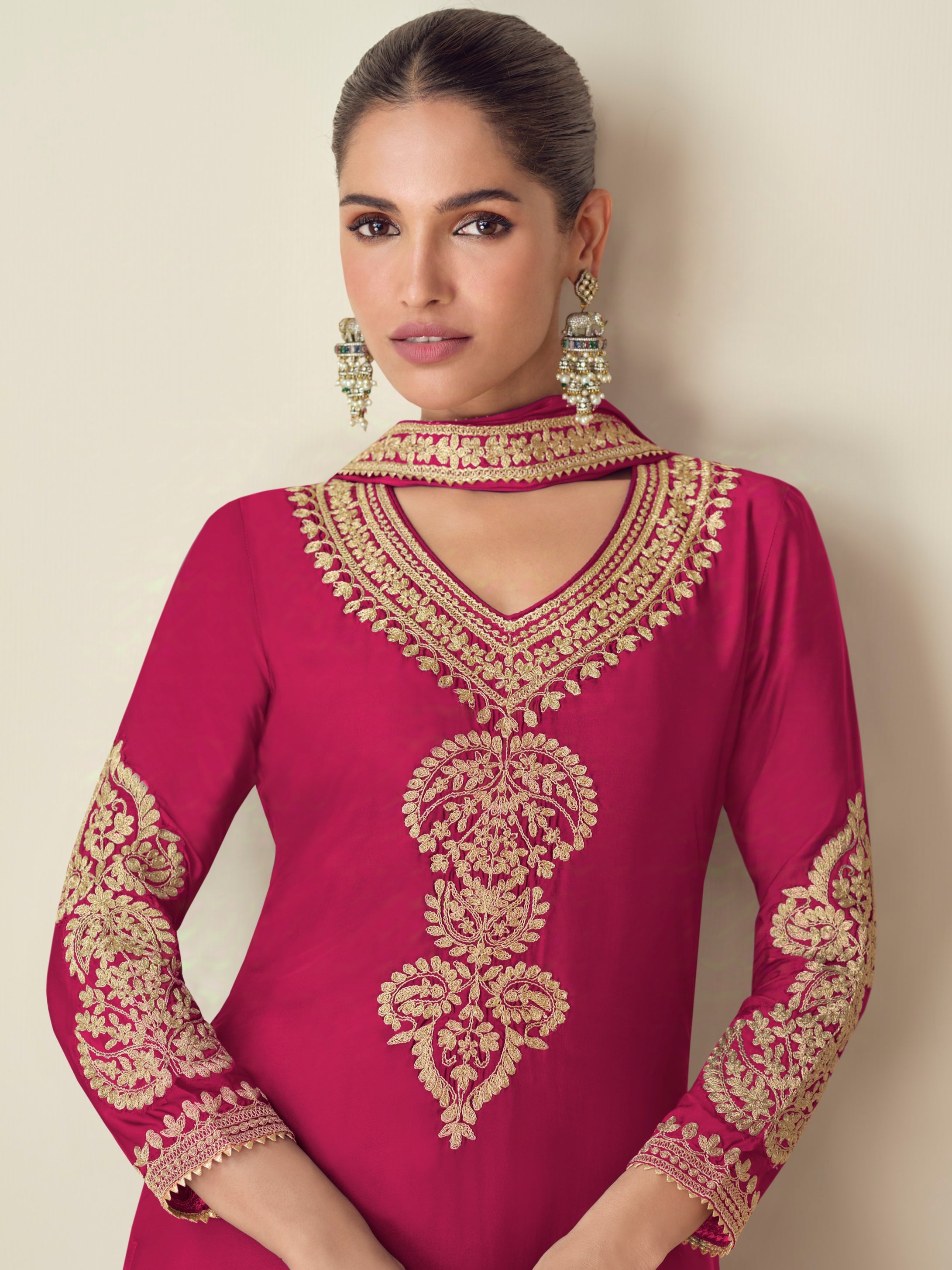 Wine Pink Embroidered Chinnon Silk Palazzo Set