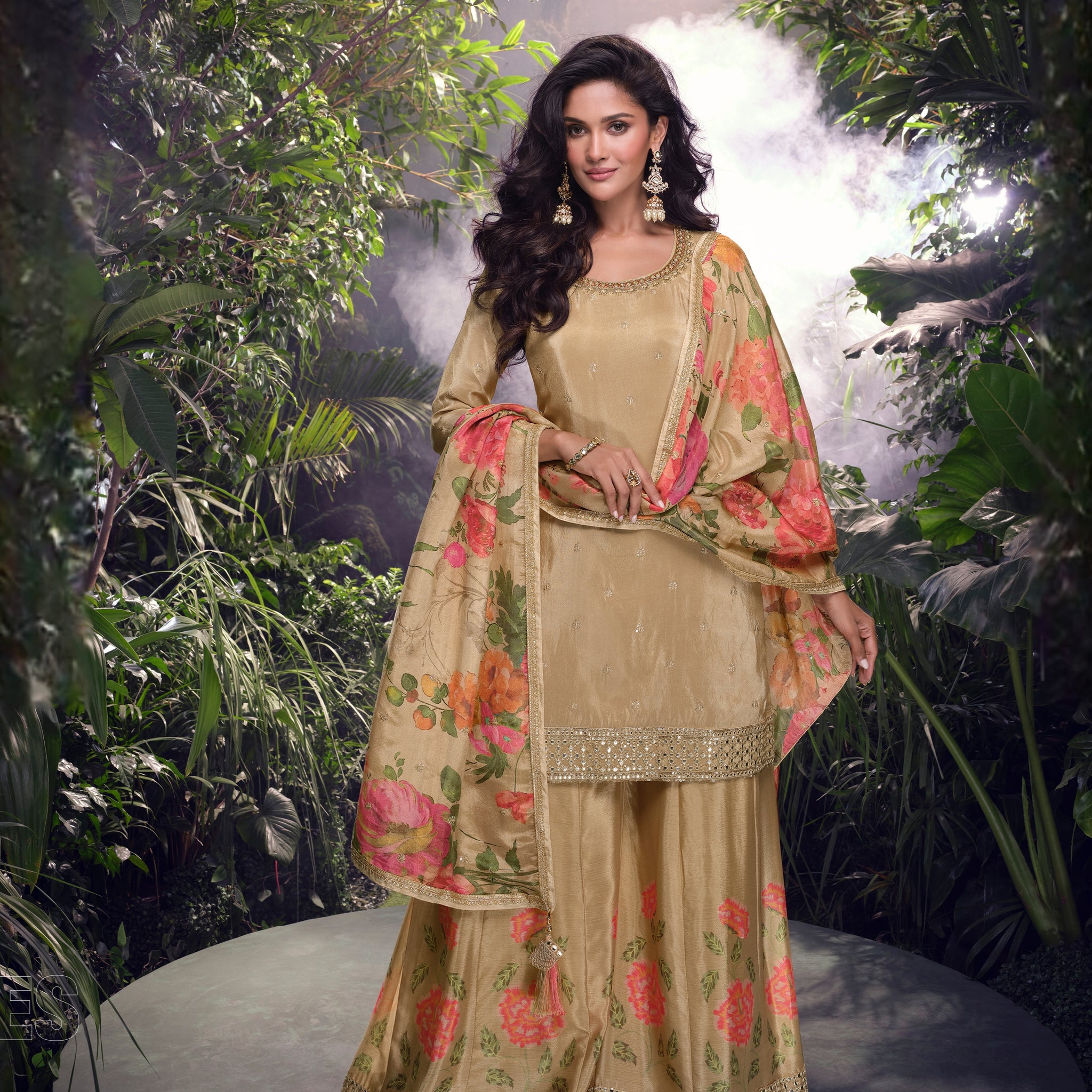 Beige Floral Digital Print Simar Silk Sharara Set